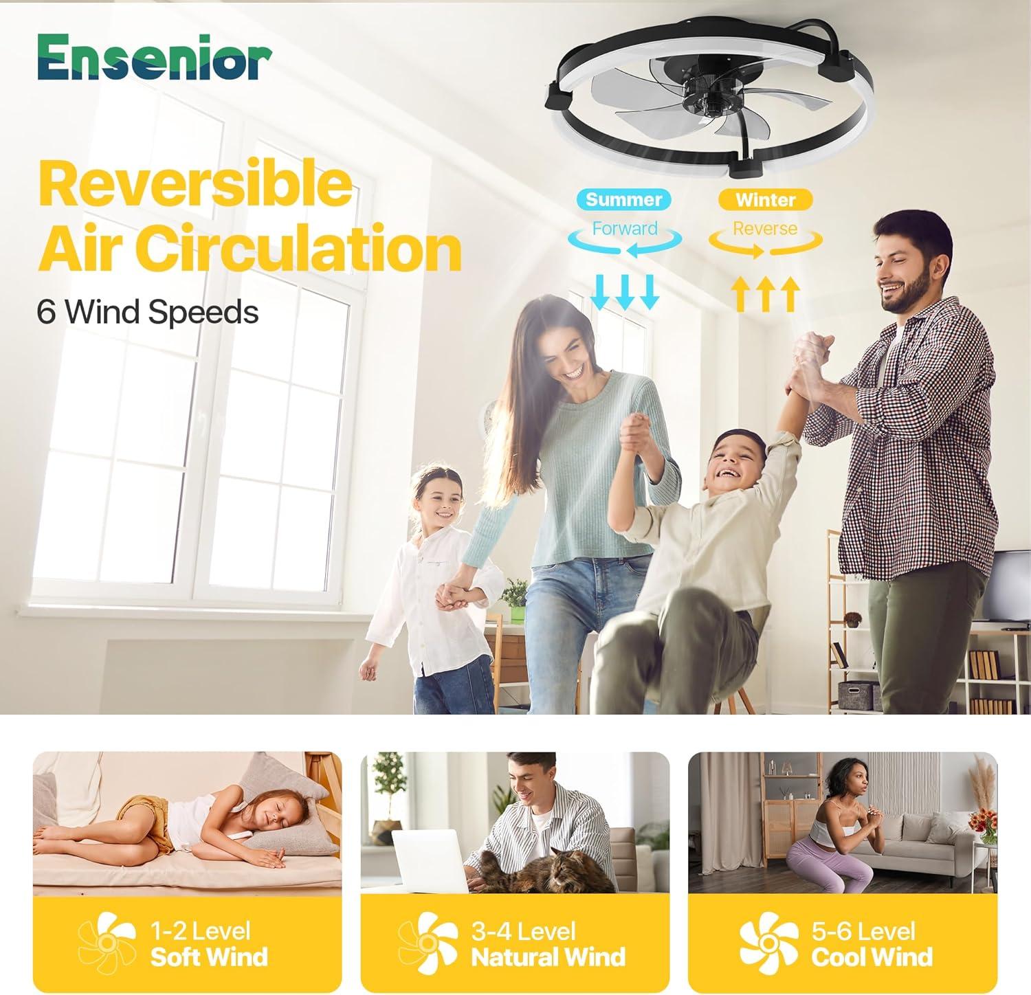 Ensenior 20'' Low Profile Ceiling Fans with Lights and Remote, Fandelier Ceiling Fan Flush Mount, APP Control, 6 Speed & 3000K-6500K Stepless Dimmable Small Ceiling Fan with Light for Bedroom - Black