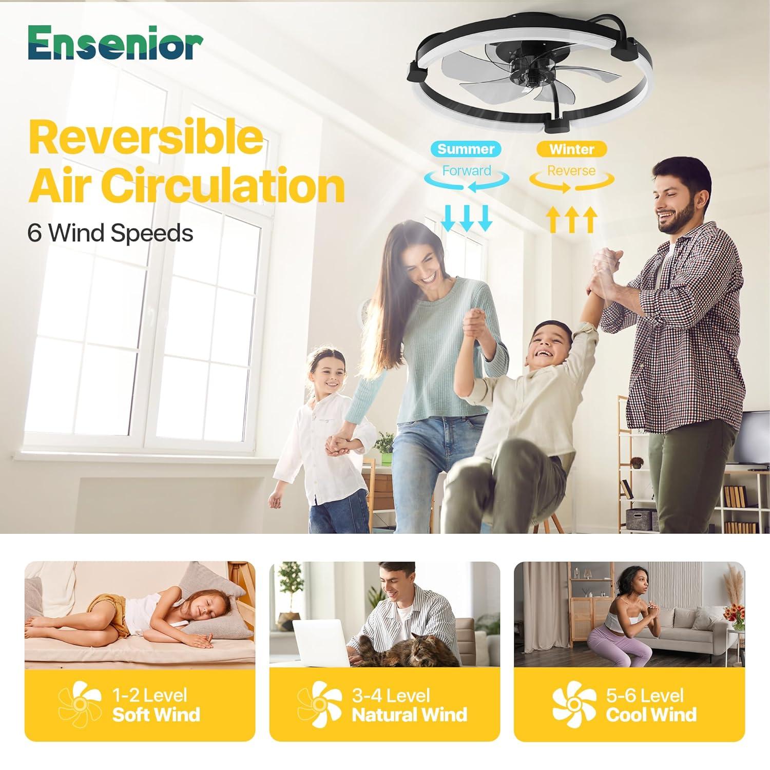 Ensenior 20'' Low Profile Ceiling Fans with Lights and Remote, Fandelier Ceiling Fan Flush Mount, APP Control, 6 Speed & 3000K-6500K Stepless Dimmable Small Ceiling Fan with Light for Bedroom - Black