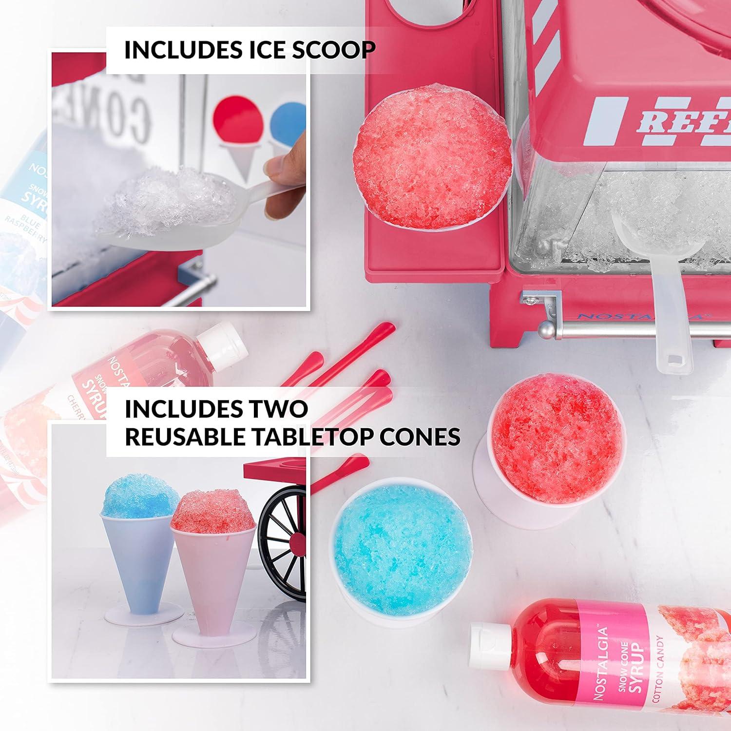Nostalgia SCM525RD Vintage Countertop Snow Cone Maker Makes 20 ICY Treats Includes 2 Reusable Plastic Cups & Ice Scoop, Regular, Red