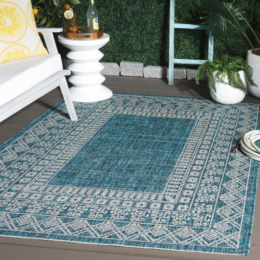 SAFAVIEH Courtyard Emmett Bordered Indoor/Outdoor Area Rug, Blue/Grey, 5'3" x 7'7"