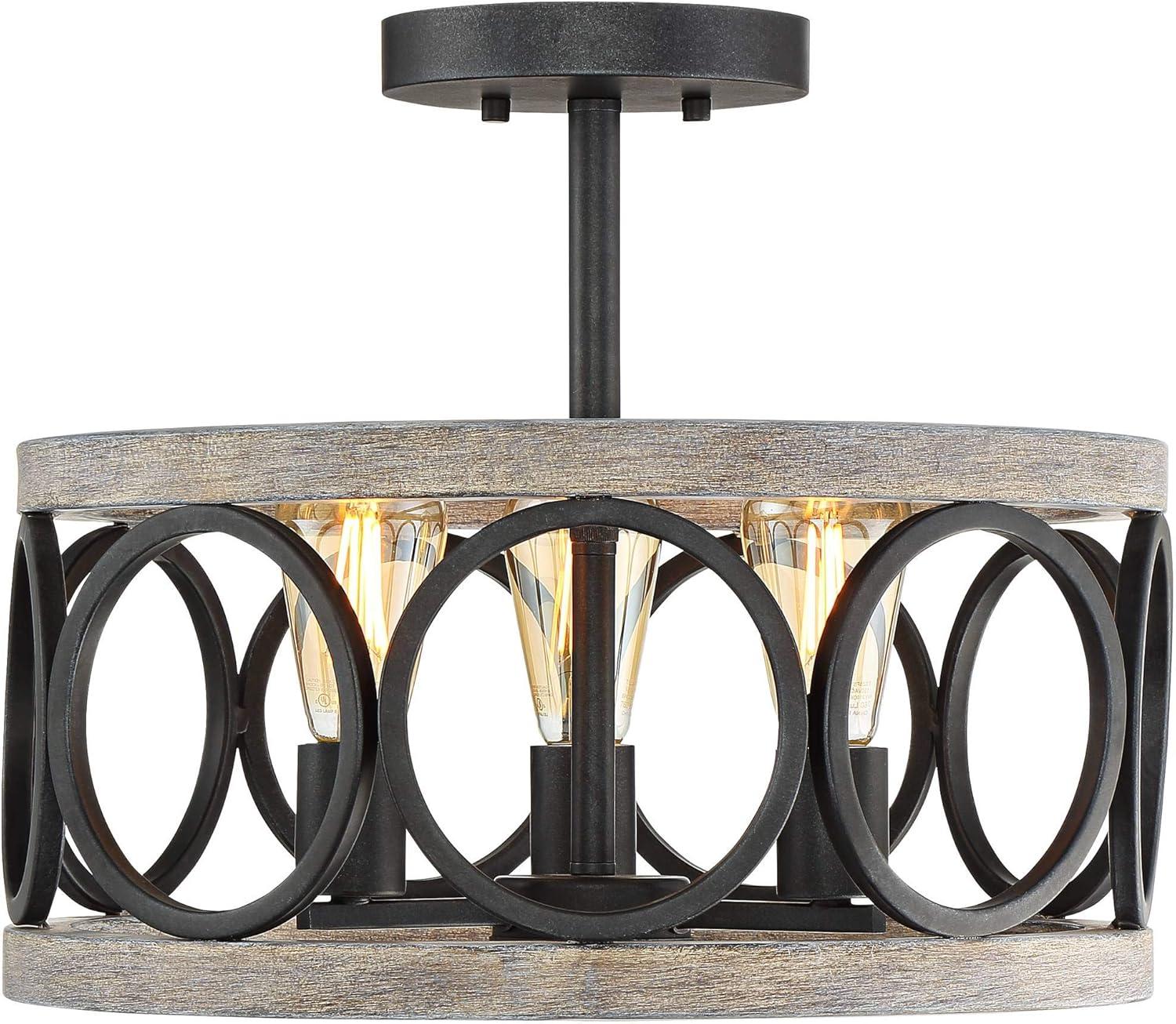 Franklin Iron Works Salima Rustic Farmhouse Ceiling Light Semi Flush Mount 16" Wide Black Gray Wood 3-Light for Bedroom Kitchen Living Room Hallway