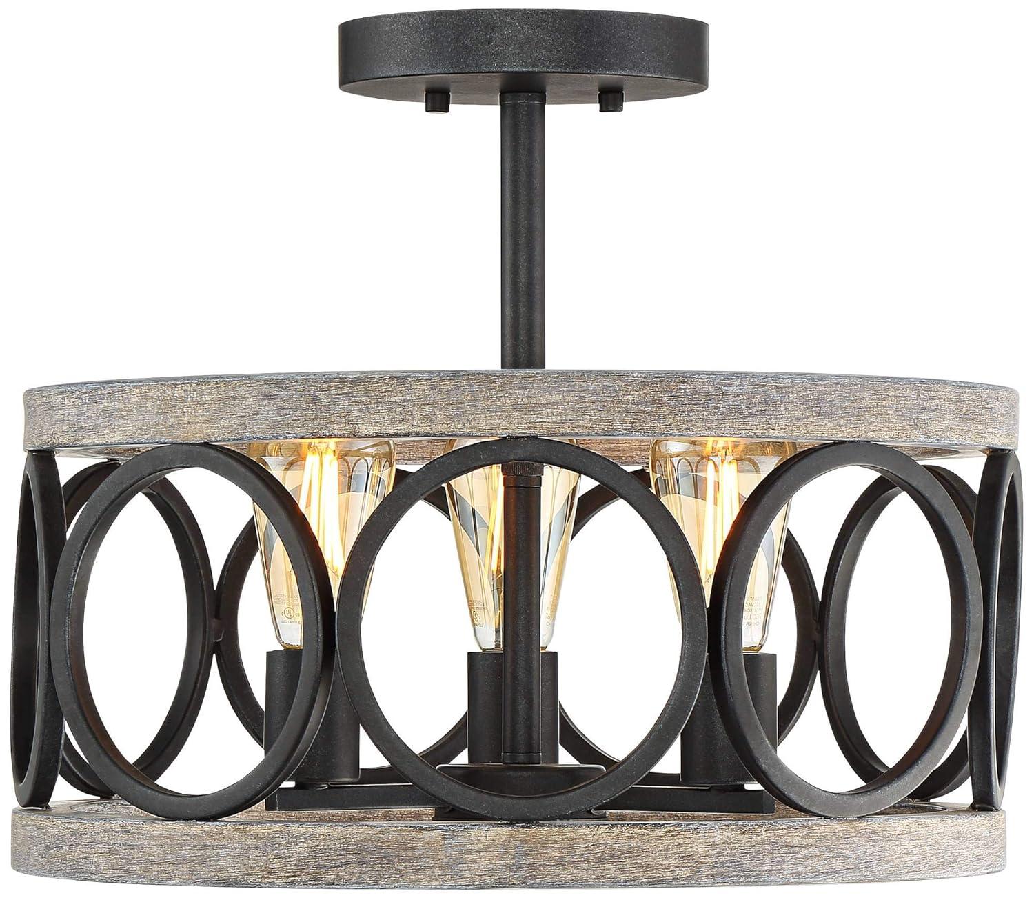 Franklin Iron Works Salima Rustic Farmhouse Ceiling Light Semi Flush Mount 16" Wide Black Gray Wood 3-Light for Bedroom Kitchen Living Room Hallway