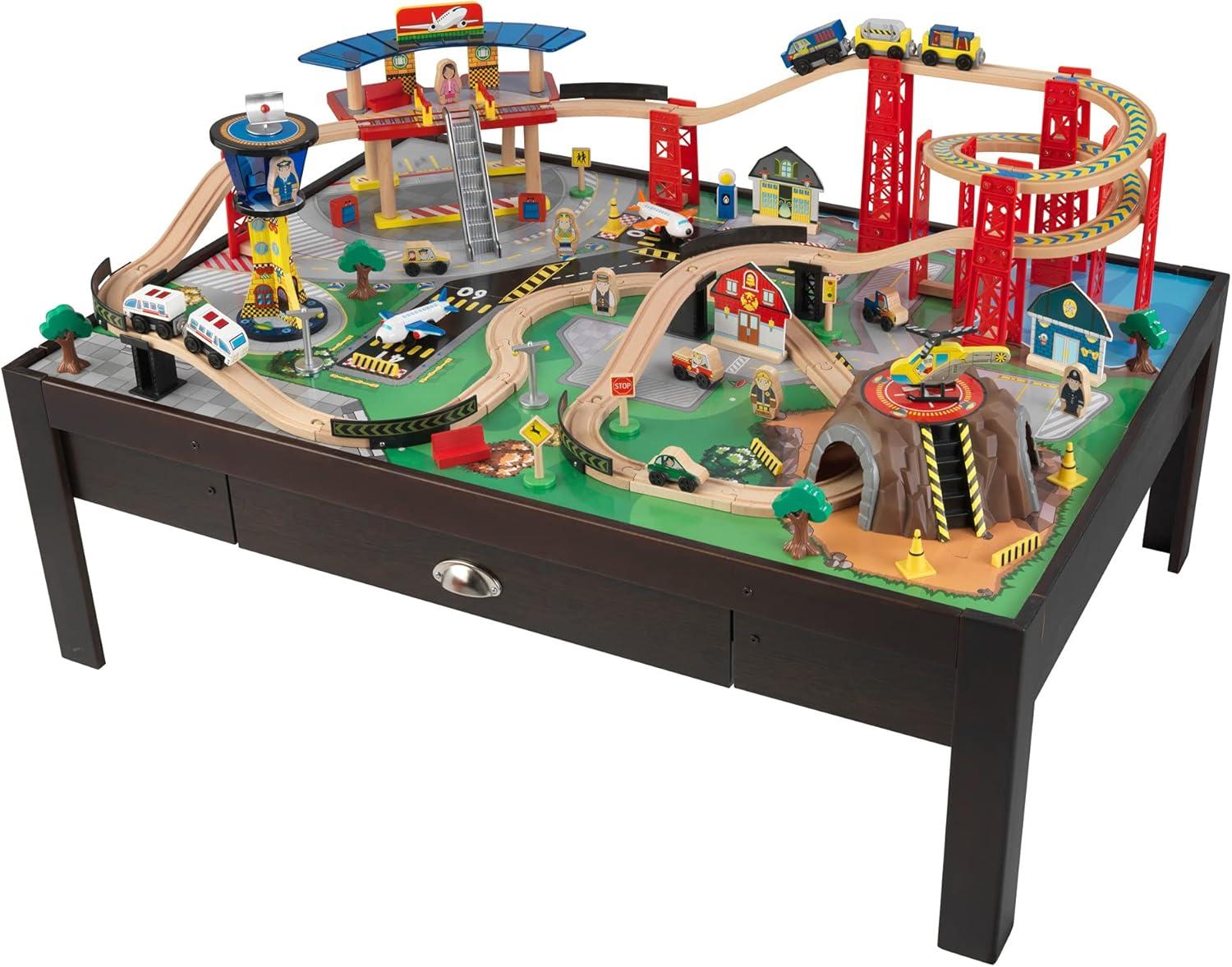 KidKraft Espresso Wooden Train Set & Table with Storage Drawer