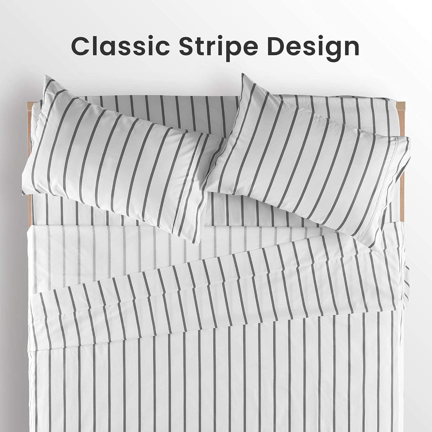 SLEEP ZONE Striped Sheet Set Queen Size 4 Piece - Double Brushed Microfiber Super Soft Breathable Bedding Sheet Deep Pocket 16" (Grey Stripe Printed on White)