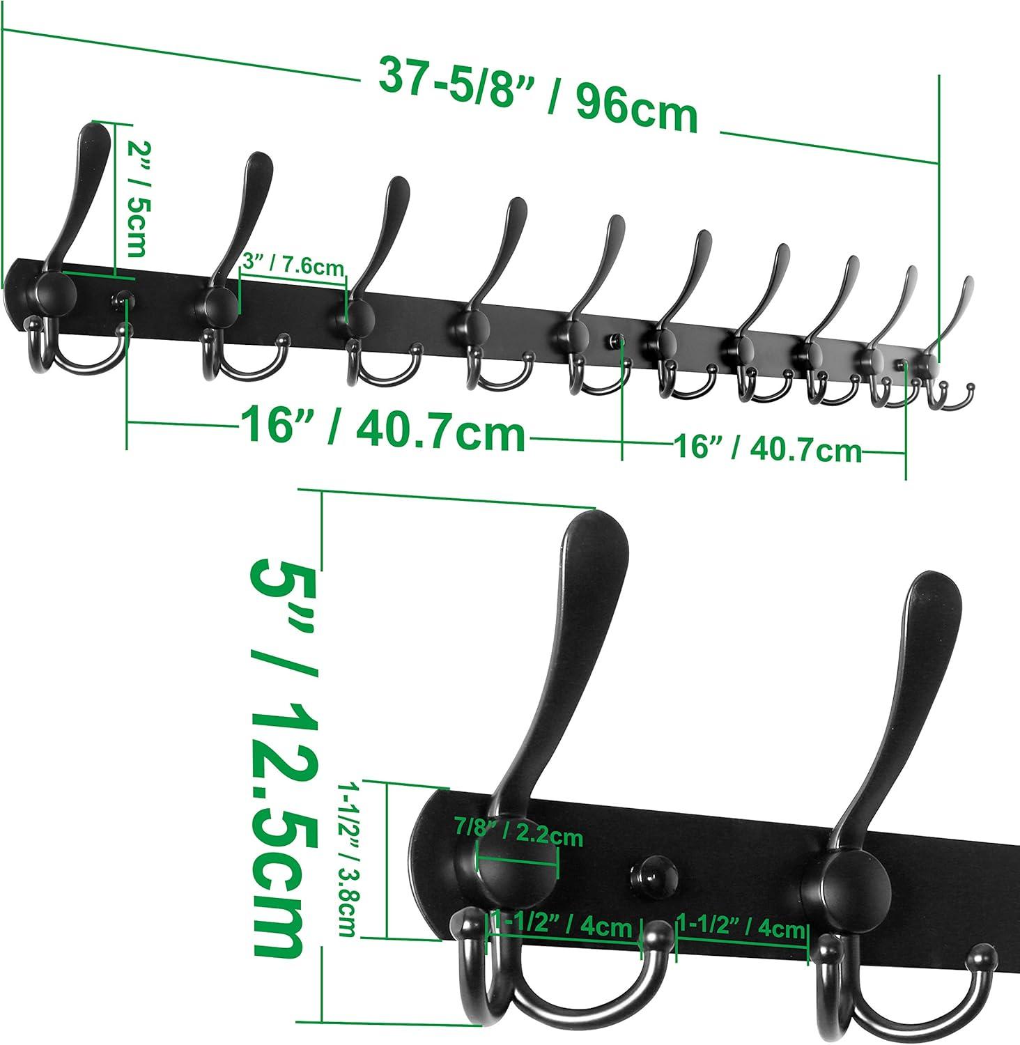 WEBI Coat Rack Wall Mount,37 5/8" Long Coat Hanger Wall,Coat Hooks Wall Mounted,Triple Hook Rack,10 Hooks for Hanging Coats,Clothes,Jacket,Hats,Black,2 Packs