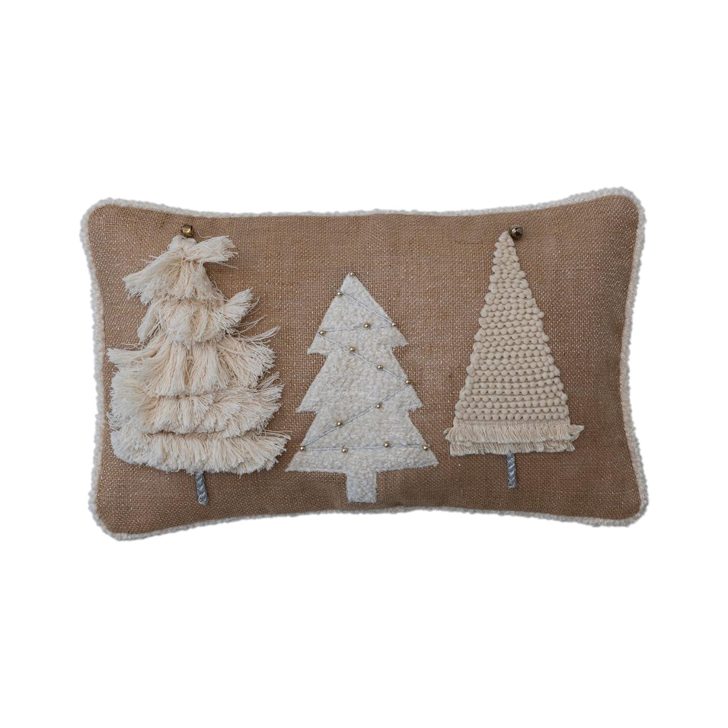 Creative Co-Op 20' L x 12' H Jute & Cotton Lumbar Pillow w/Appliqued & Embroidered Trees, Gold Bells & Beads, Natural & Cream Color