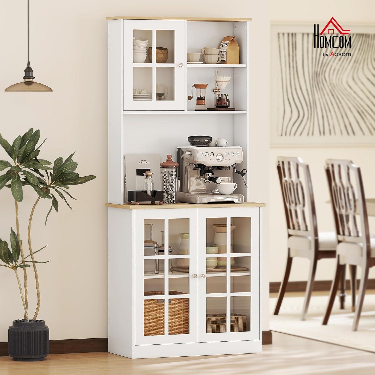 HOMCOM Kitchen Buffet with Hutch, Storage Pantry with 3 Cabinets, 2 Open Shelves and Large Countertop, White