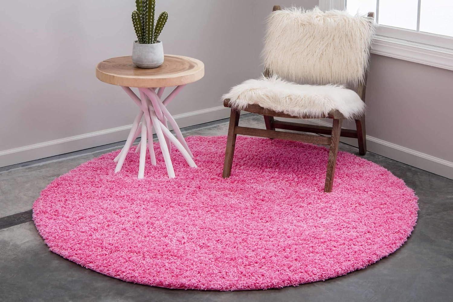 Round Pink Shag Washable Kids Area Rug