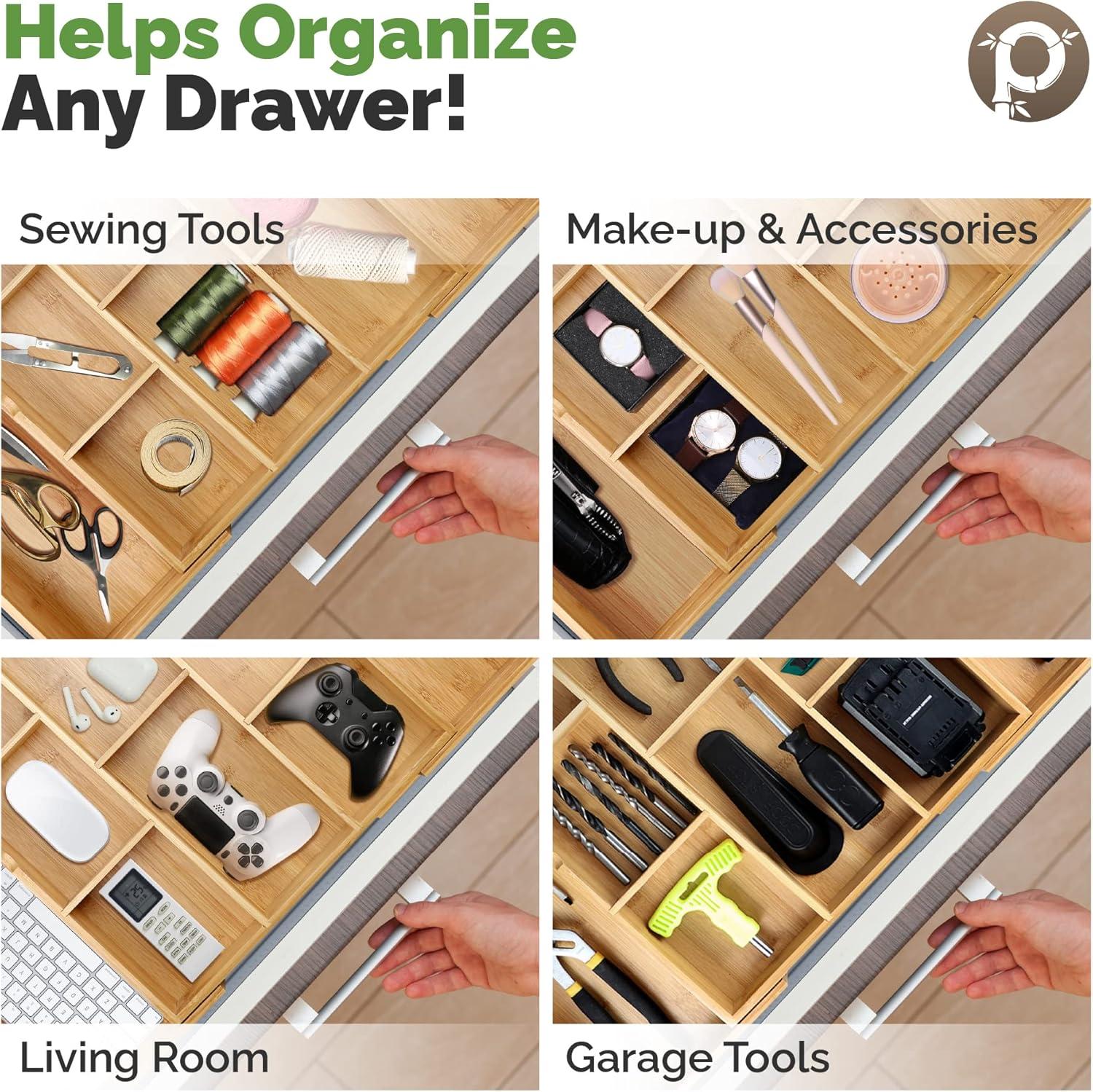 Pristine Bamboo Expandable Drawer Organizers for Kitchen - Extra Deep Non-Slip 17” x 14.6” (expands up to 25 inches) - Dark Wooden Silverware Divider (10 Compartments) – Organize Cooking Utensils