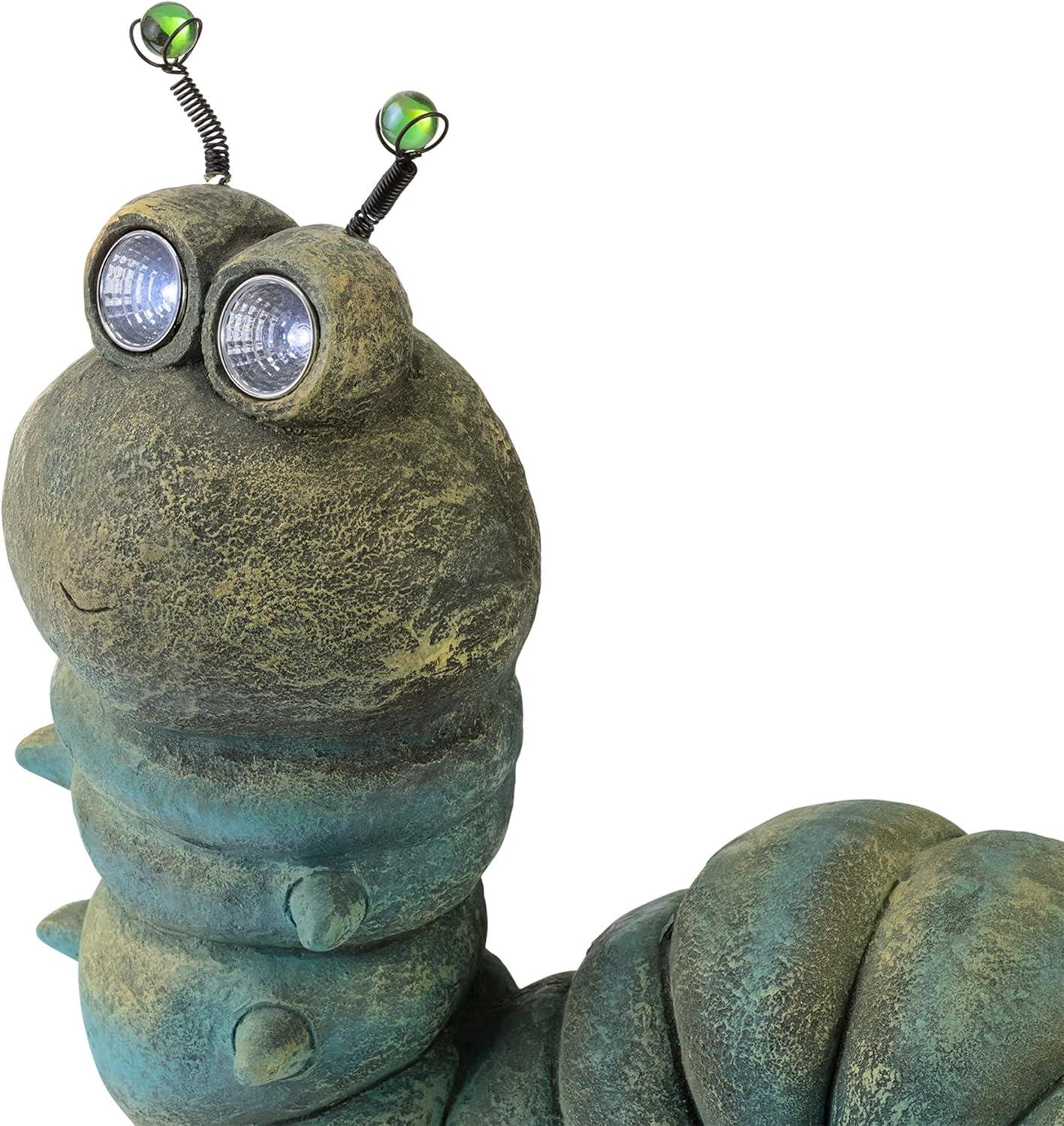 16-inch Green Solar-Powered Caterpillar Garden Statue with LED Eyes