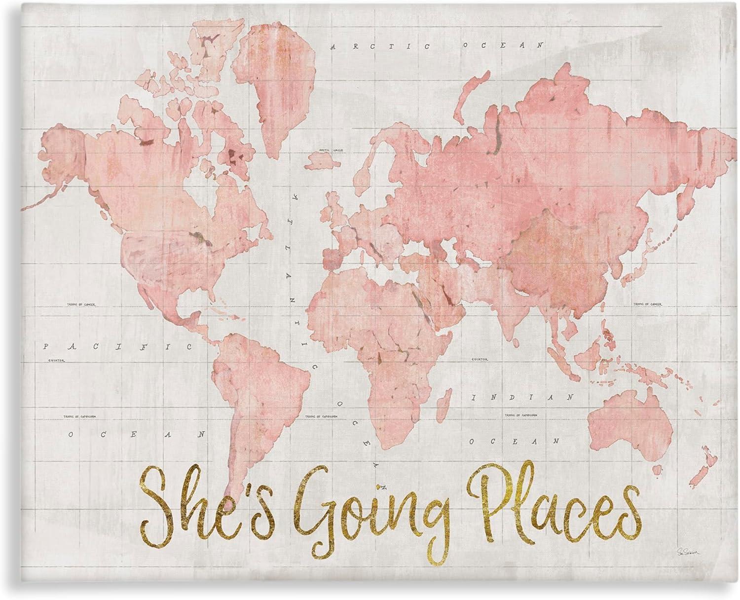Stupell Industries She's Going Places Quote Pink Watercolor World Map by Sue Schlabach - Print