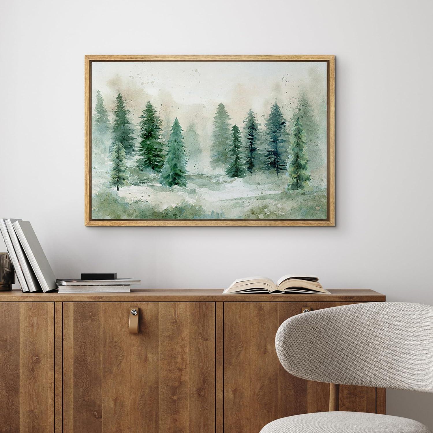 Woodland Forest Landscape " IDEA4WALL Framed Canvas Print Wall Art Woodland Nursery Decor Pastel Green Pine Tree Forest Landscape Nature Wilderness Fine Art Decorative Rustic For Living Room, Bedroom, Office "