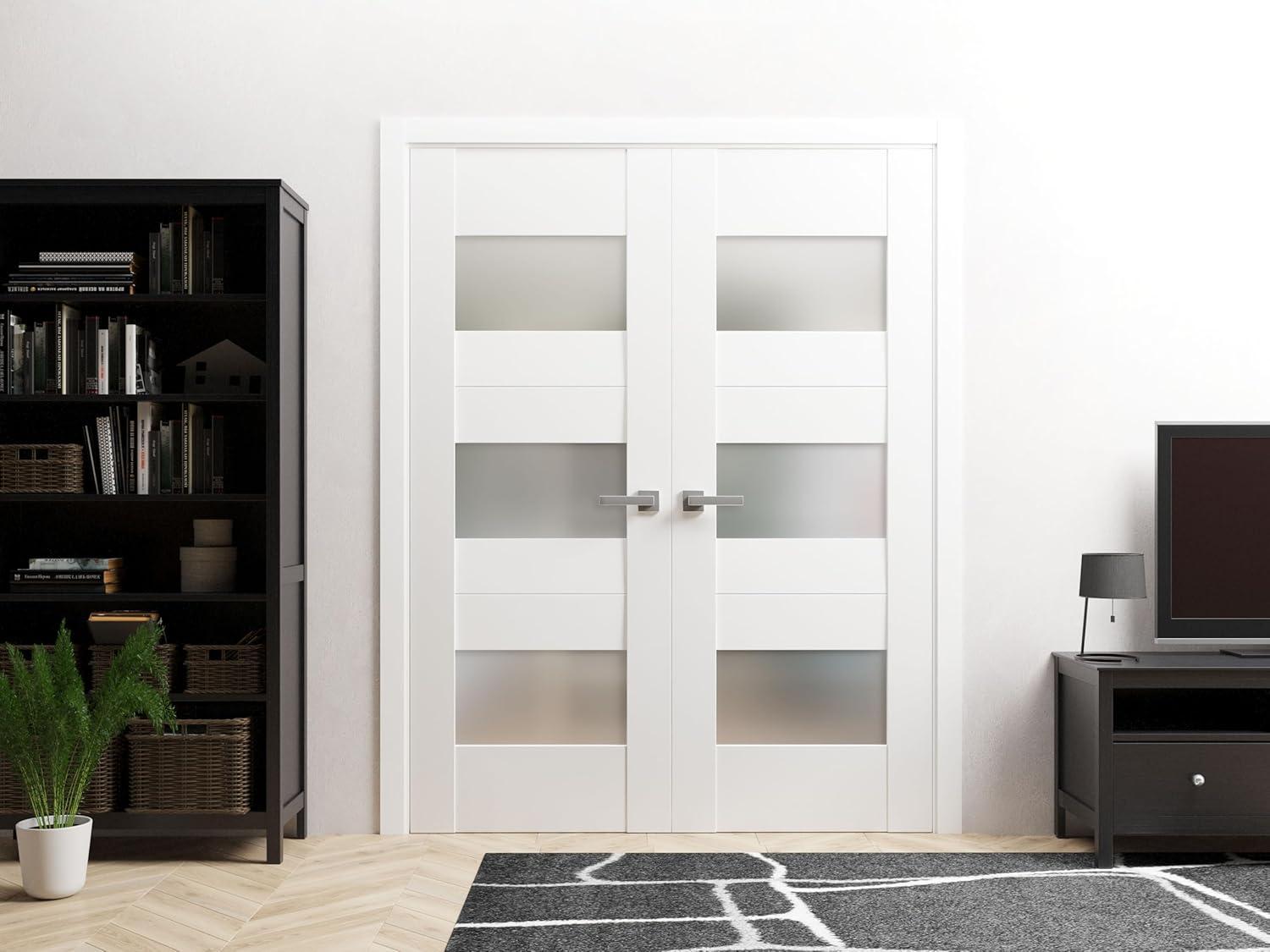 White Silk Solid French Double Doors with Opaque Glass Panels