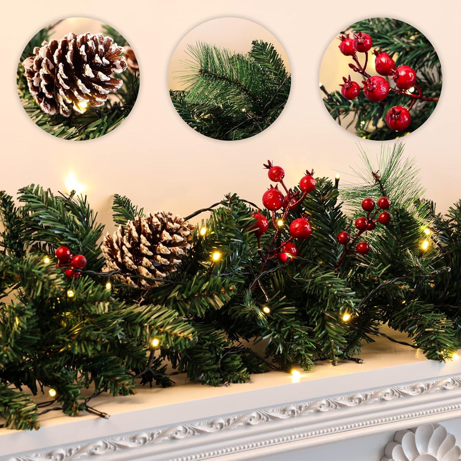 Cyinyin 9 FT Artificial Christmas Garland, Christmas Garland with 50 LED Lights, Garlands for Decoration Christmas with Pinecones Red Berries Pine Needles for Xmas Mantle Table Indoor Outdoor Decor