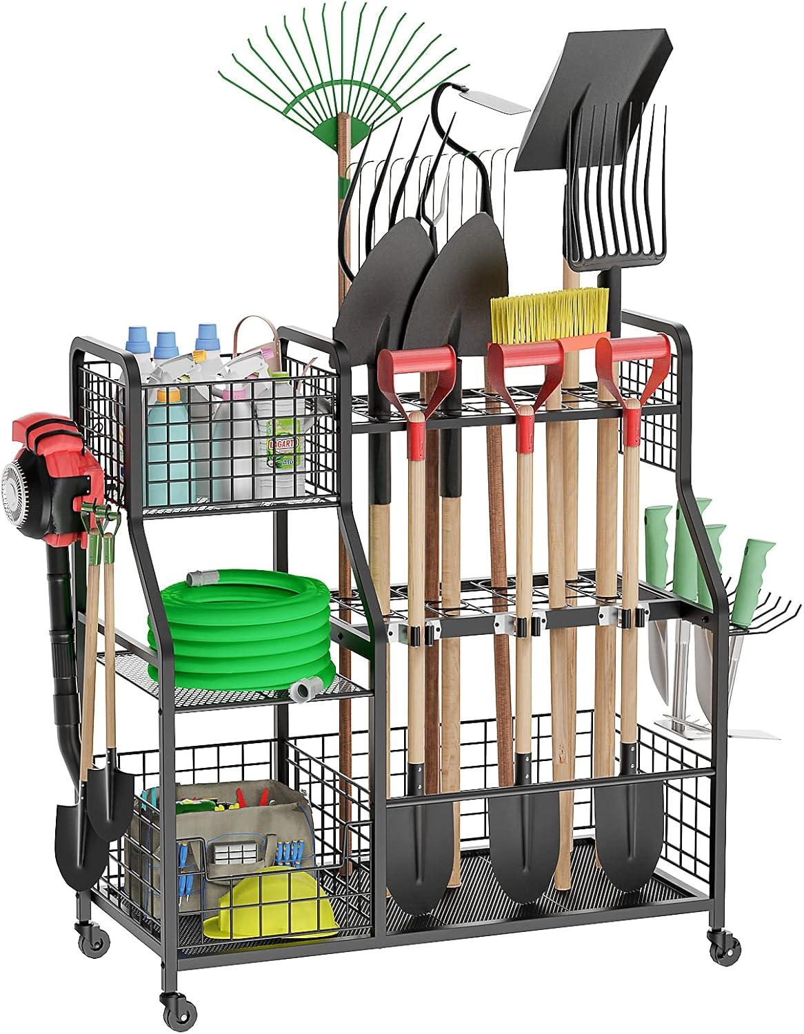 Black Steel 3-Tier Garden Tool Organizer with Wheels