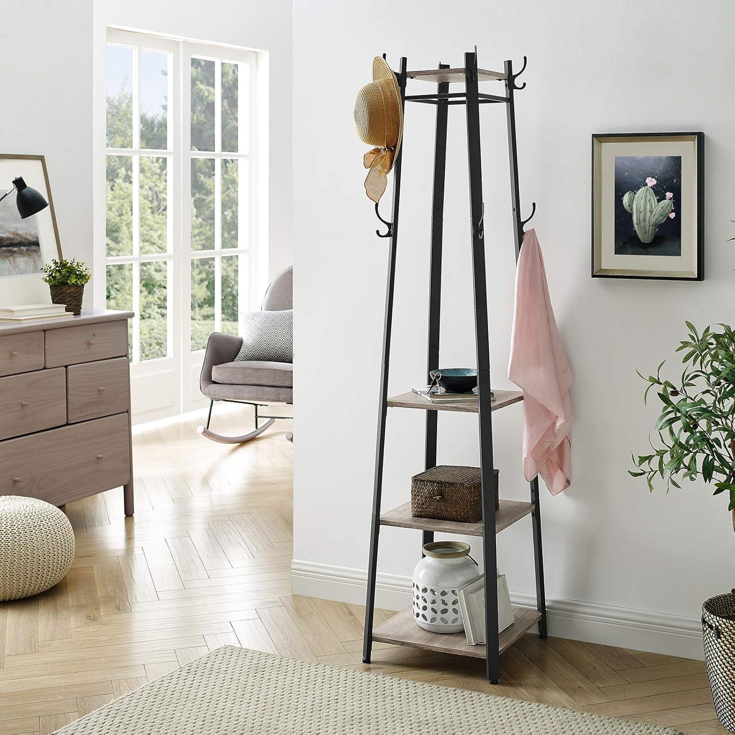 VASAGLE ALINRU Coat Rack with 3 Shelves Stand with Hooks for Scarves Bags and Umbrellas