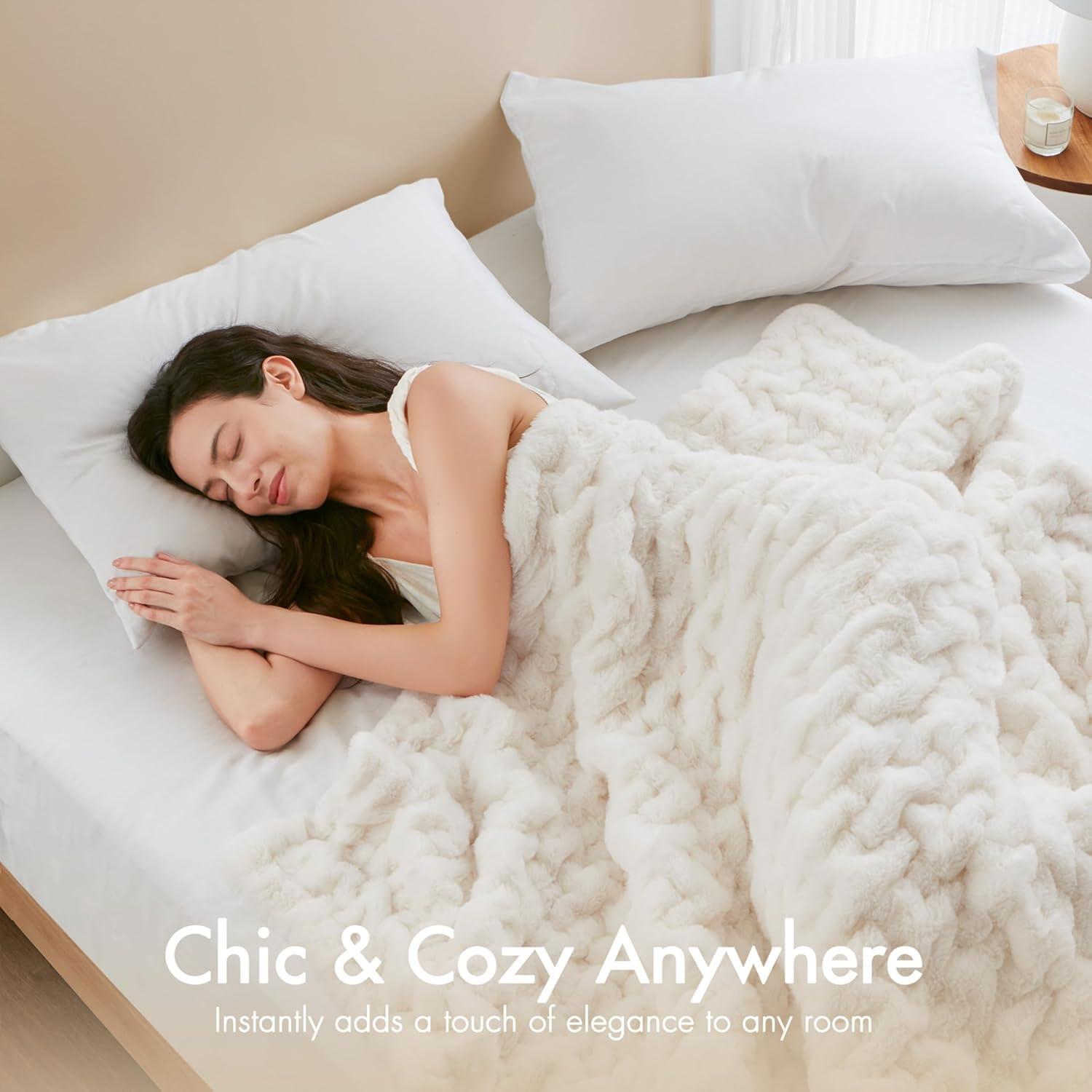 Madison Park Ivory Ruched Fur Throw 50x60"