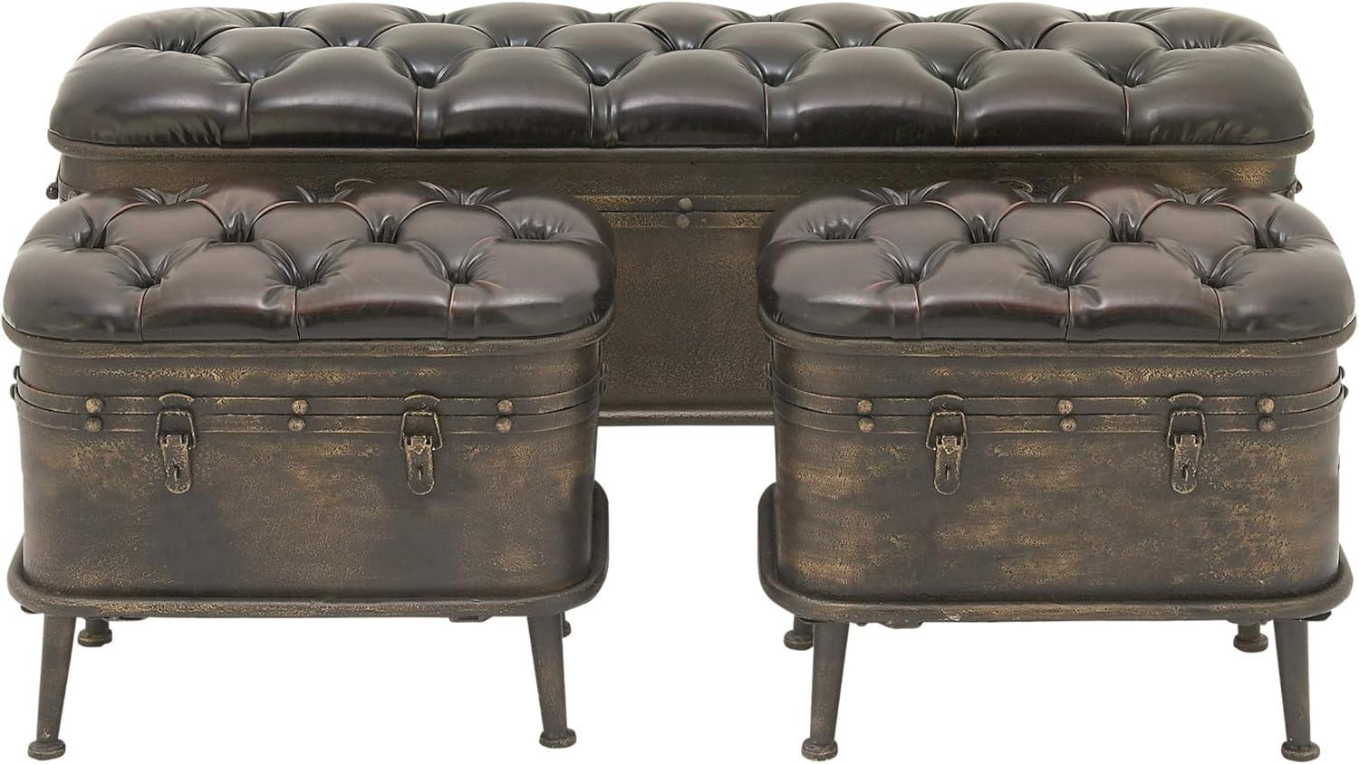 DecMode Metal Storage Bench with Tufted Faux Leather, Brown, Set of 3