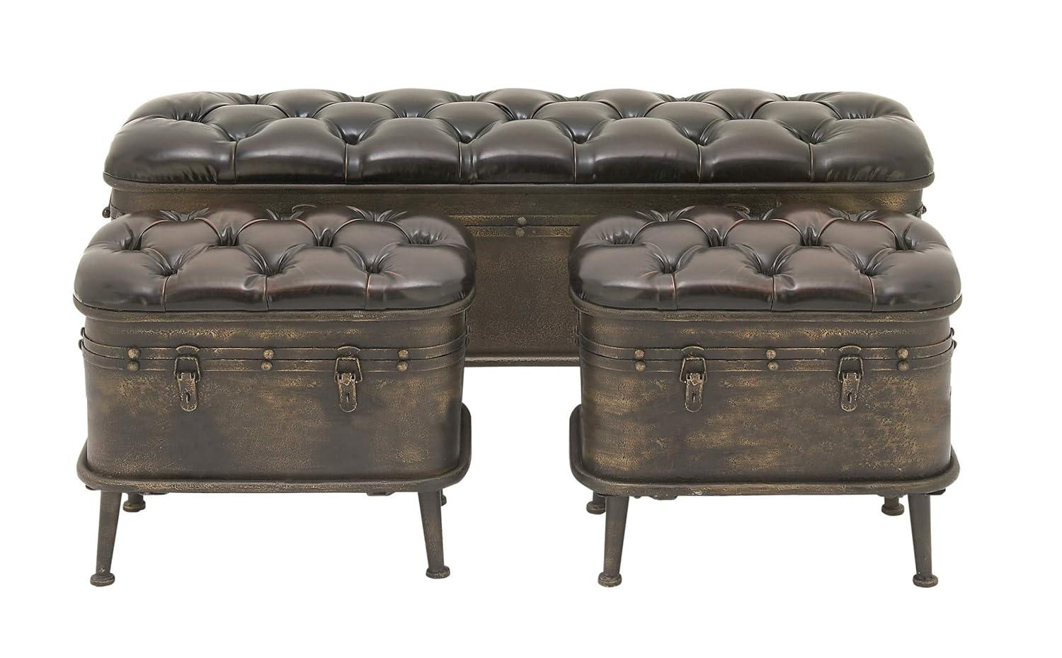 DecMode Metal Storage Bench with Tufted Faux Leather, Brown, Set of 3