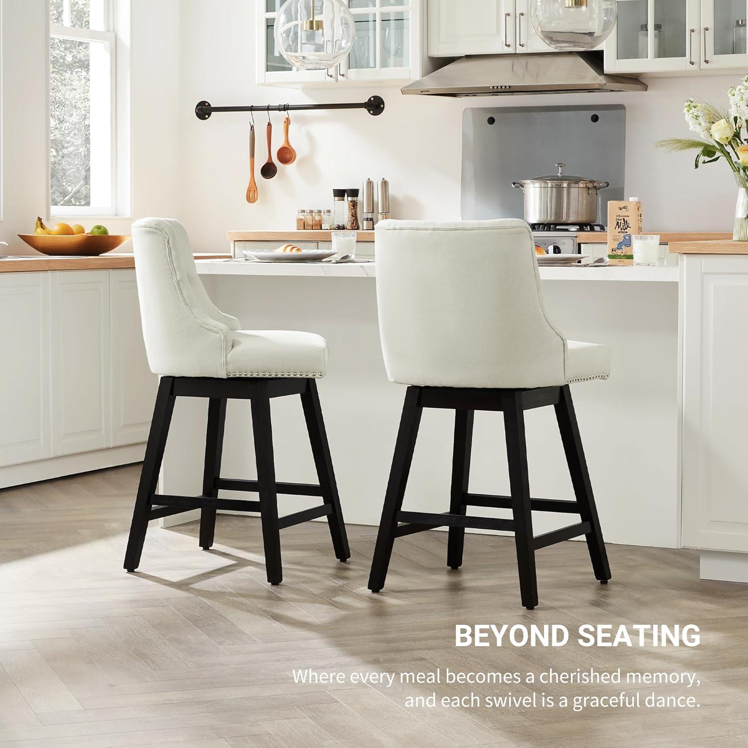 Off-White Upholstered Swivel Counter Stools with Wood Legs, Set of 2