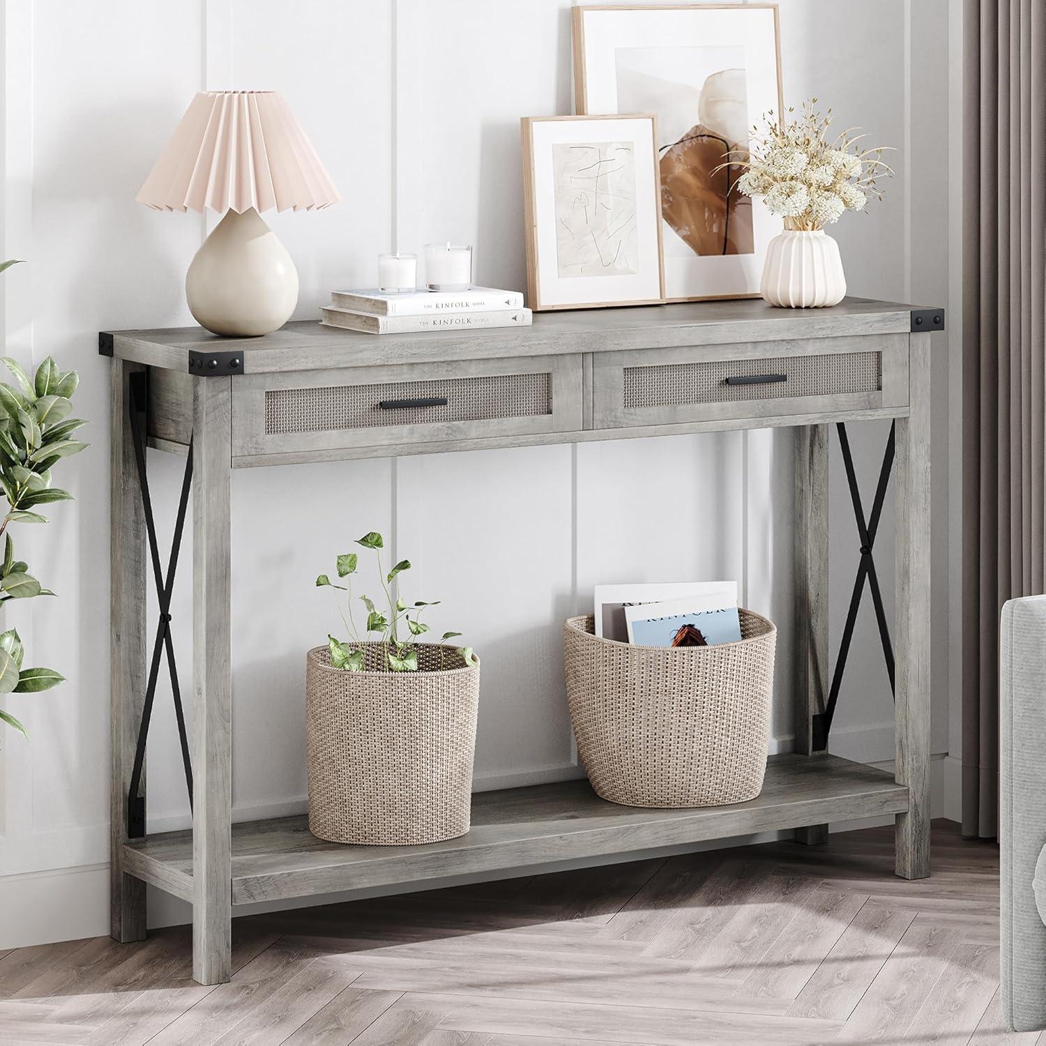 Gray Wood and Metal Console Table with Rattan Drawers