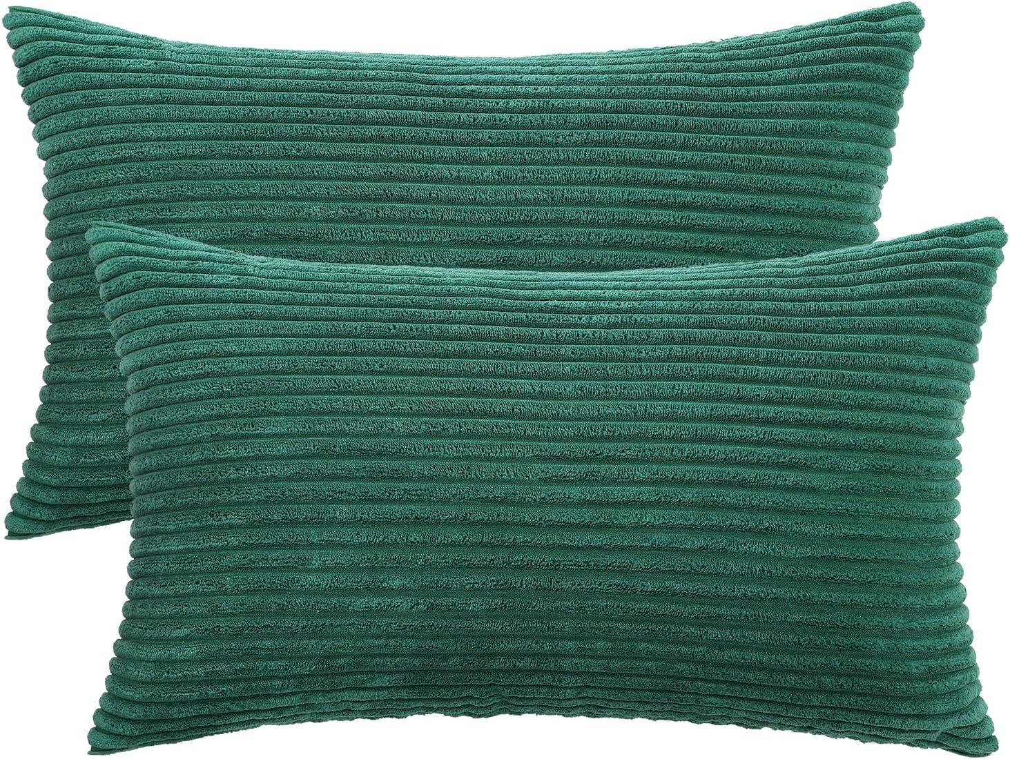 Soft Corduroy Striped Velvet Rectangle Decorative Throw Pillow Cusion For Couch, 12" x 20", Green, 2 Pack