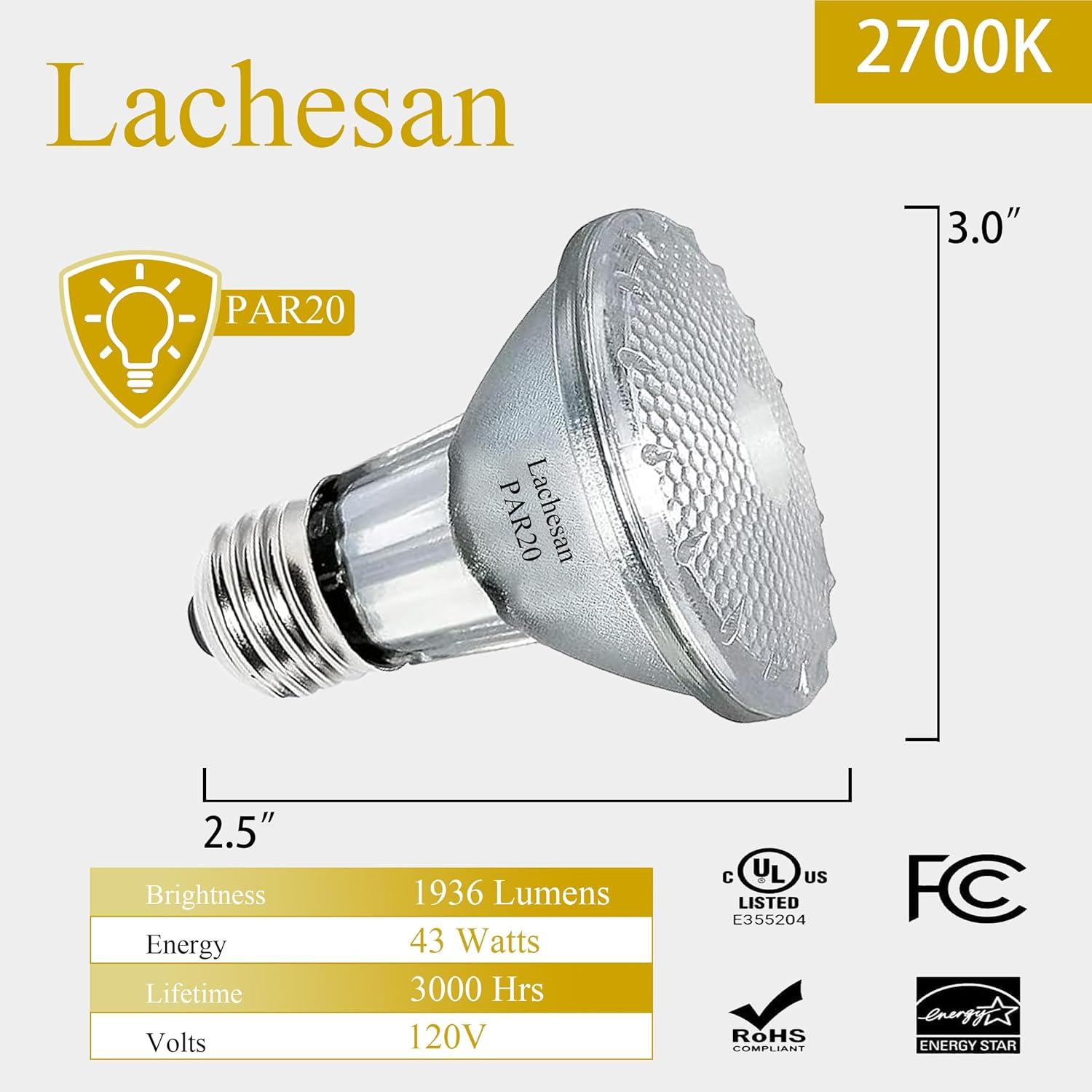 6PCS Par20 Halogen 50W 120V Dimmable, Long Lifespan E26 Par20 Light Bulb with 3000K Warm White for Indoor/Outdoor