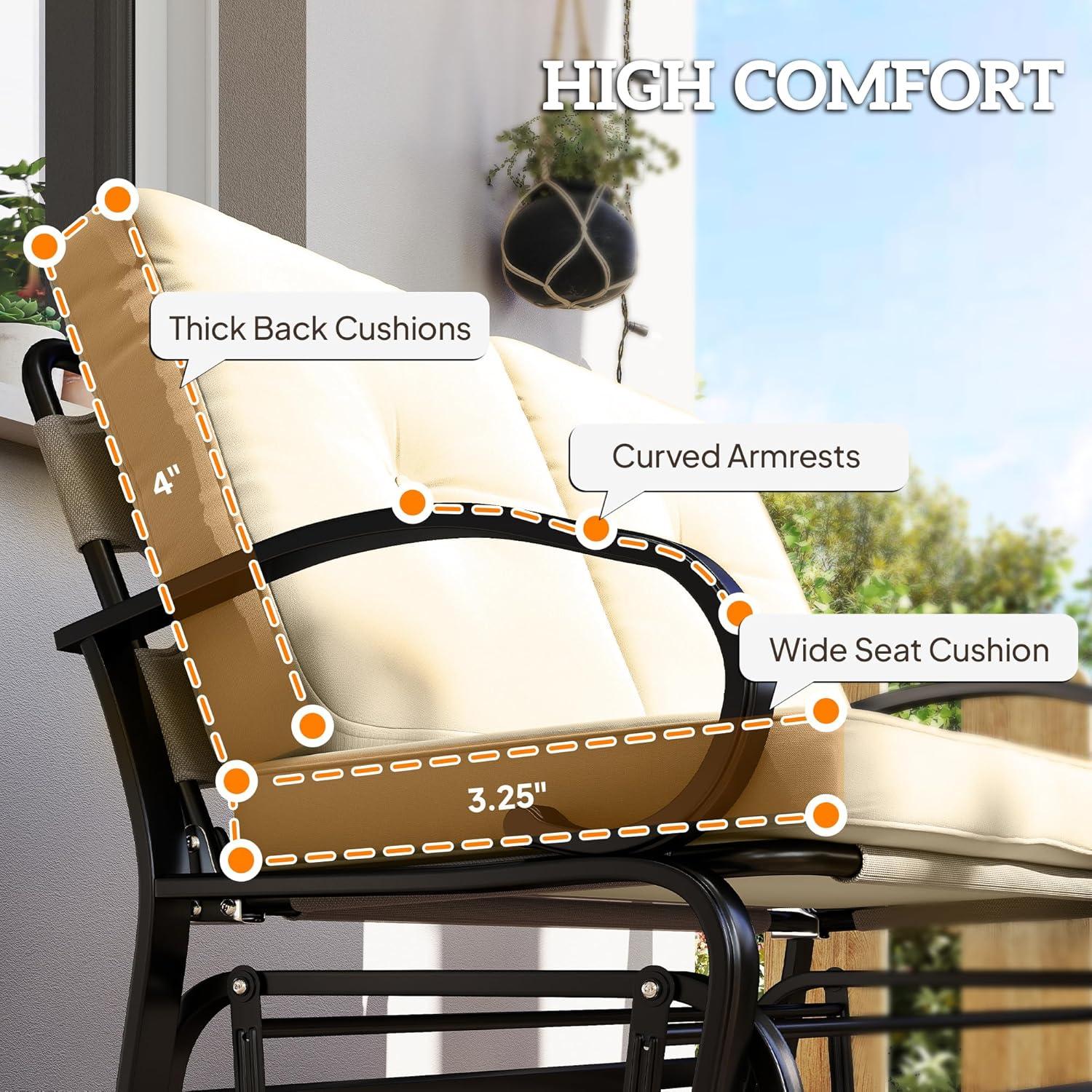 Outsunny Patio Glider Bench with Padded Cushions and Armrests, Outdoor 2-Person Swing Rocking Chair Loveseat with Sturdy Frame, Beige