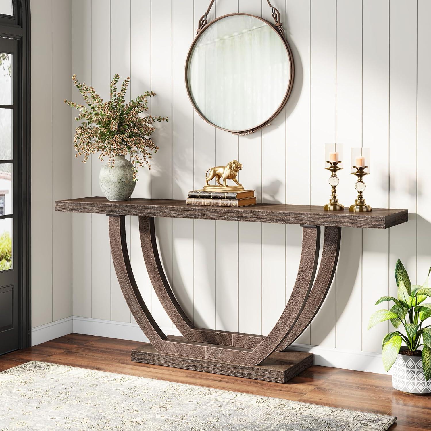 Tribesigns 63 Inches Farmhouse Wood Console Table for Entryway, Narrow Long Foyer Sofa Table with Geometric Legs for Hallway, Entrance, Brown