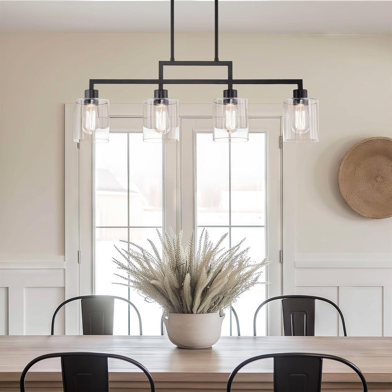 Kira Home Stratford 34" 4-Light Farmhouse Island Light + Glass Shades, Adjustable Hanging Height, Black