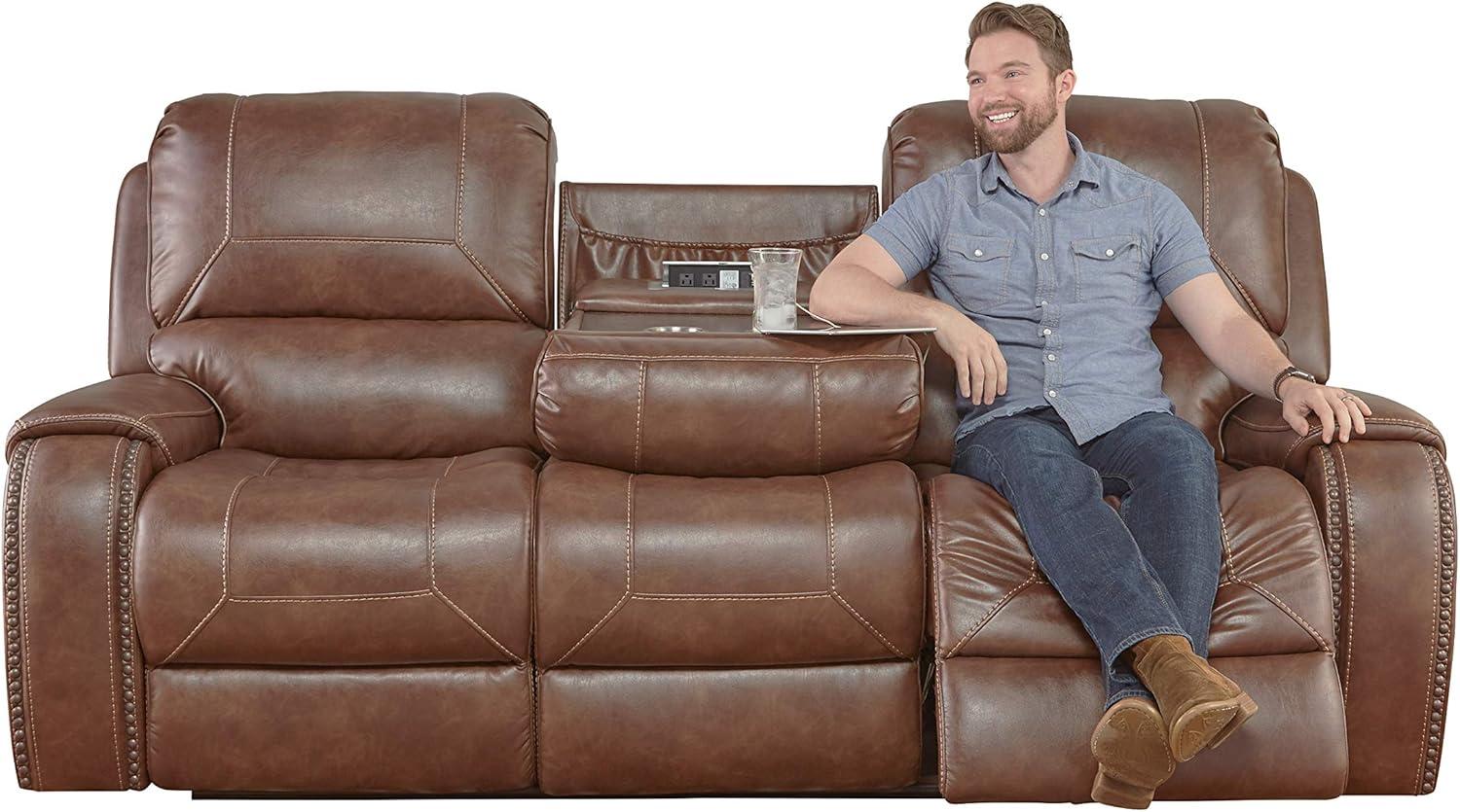 Roundhill Furniture Achern Brown Leather Nailhead Manual Reclining Sofa with Storage Console and USB Port