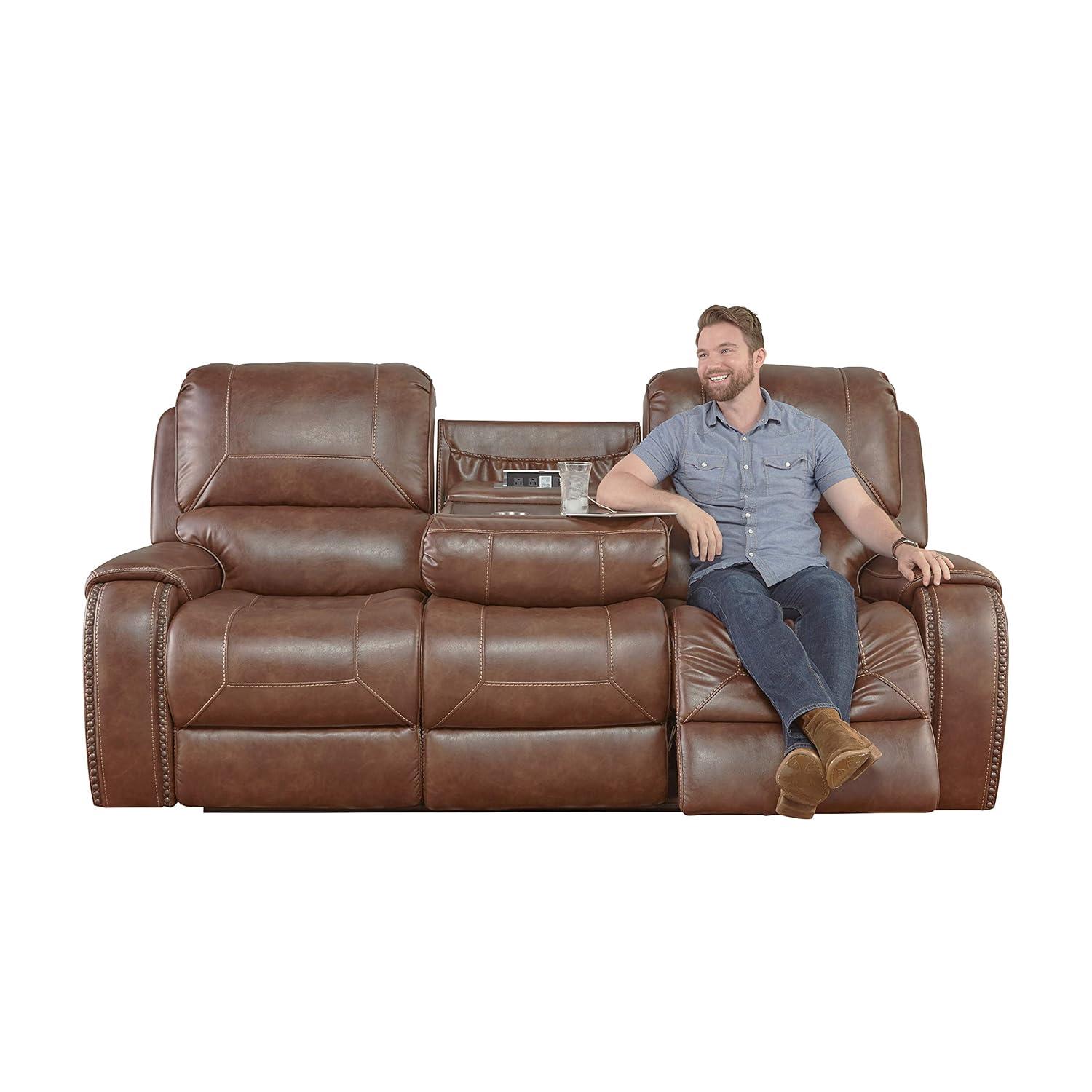 Roundhill Furniture Achern Brown Leather Nailhead Manual Reclining Sofa with Storage Console and USB Port
