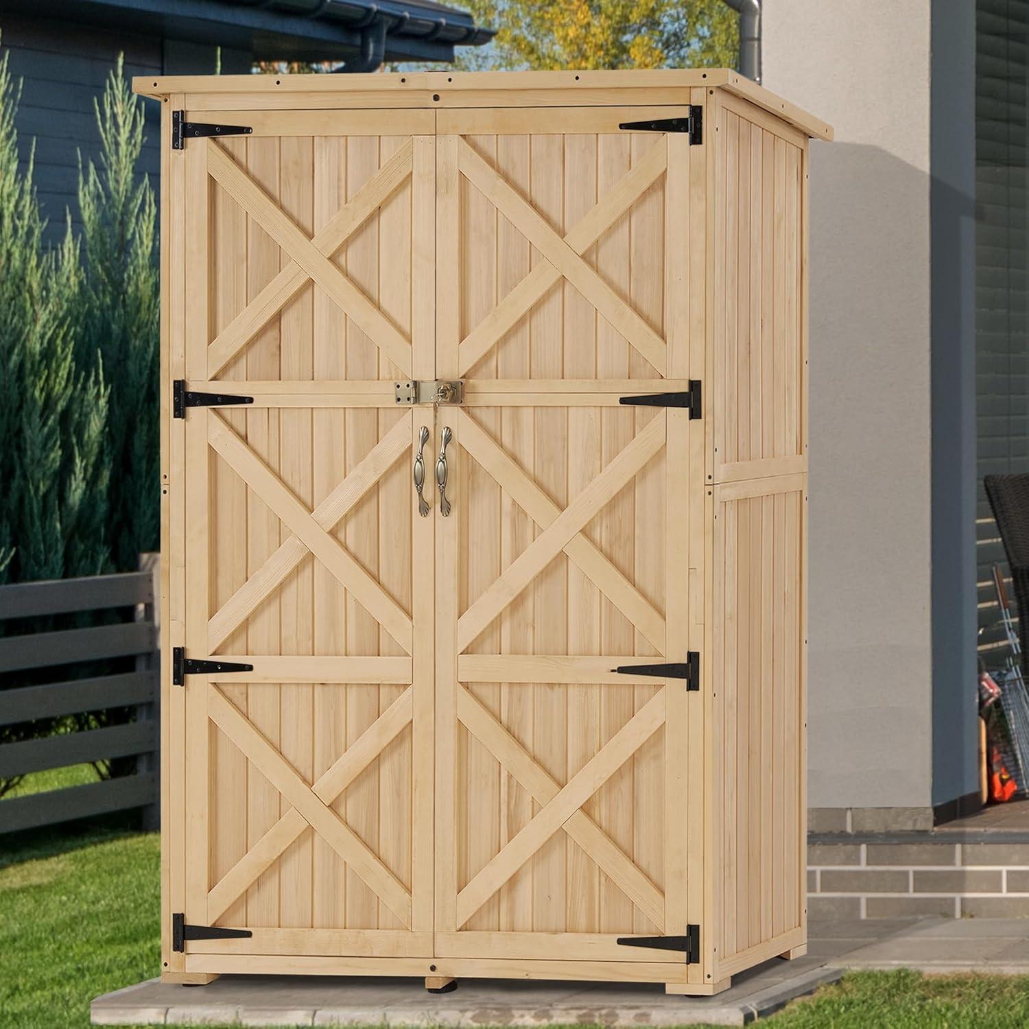 MCombo Wood Sheds & Outdoor Storage , Garden Tool Shed with Lock, Wooden Outdoor Storage Cabinet with Double Doors for Patio 1933