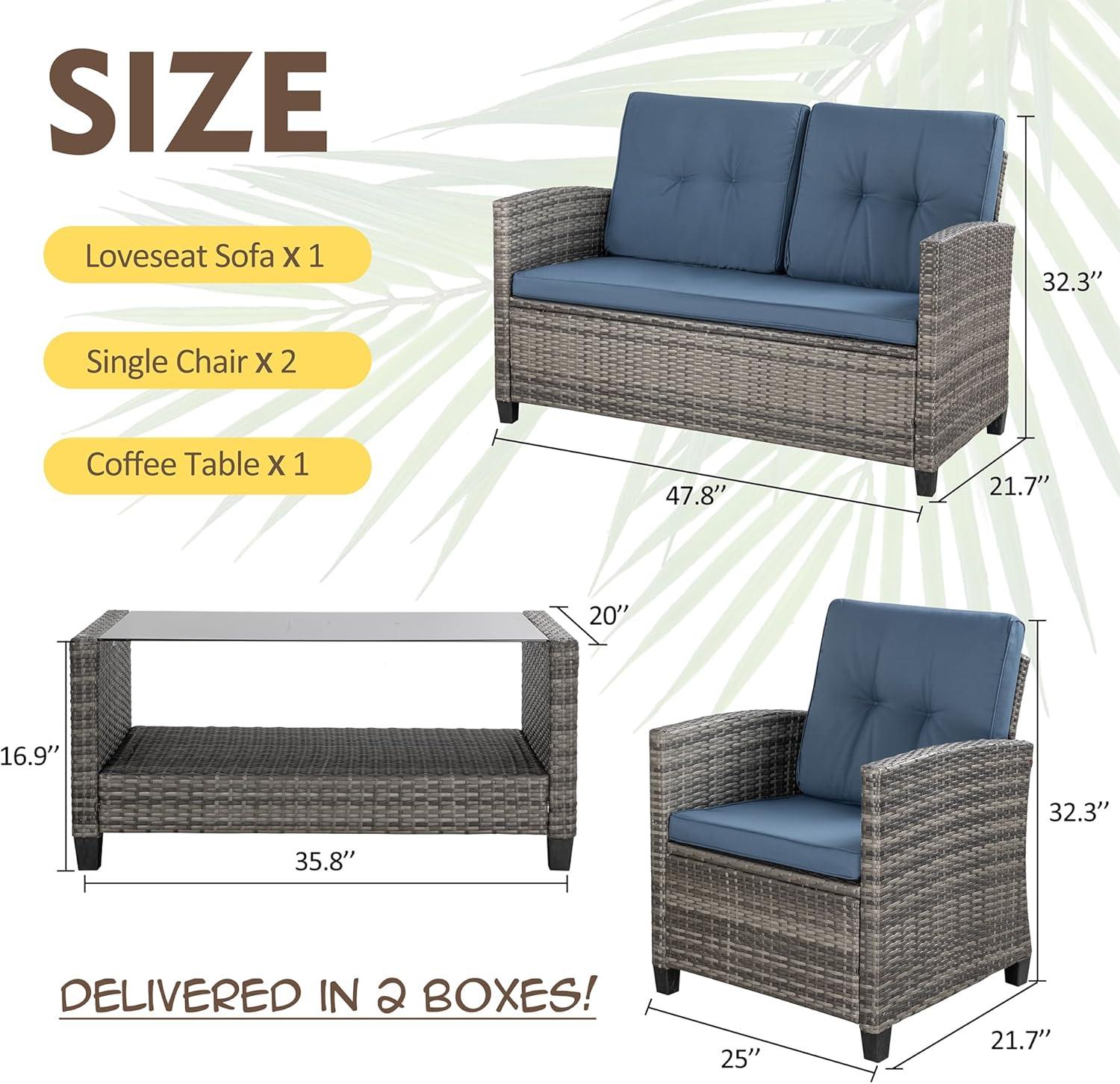 Shintenchi 4 Piece Patio Furniture Set, Outdoor Rattan Conversation Set with Coffee Table, Outside Wicker Sectional Sofa Couch with Cushion, Gray and Blue