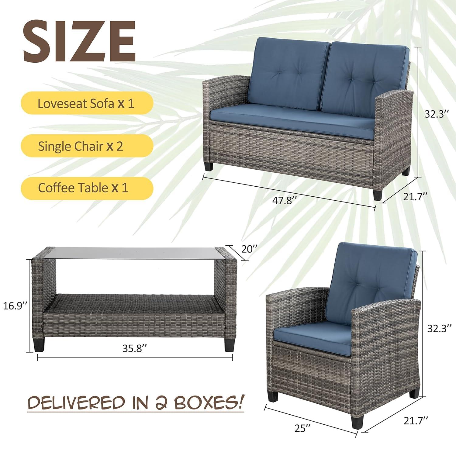 Shintenchi 4 Piece Patio Furniture Set, Outdoor Rattan Conversation Set with Coffee Table, Outside Wicker Sectional Sofa Couch with Cushion, Gray and Blue
