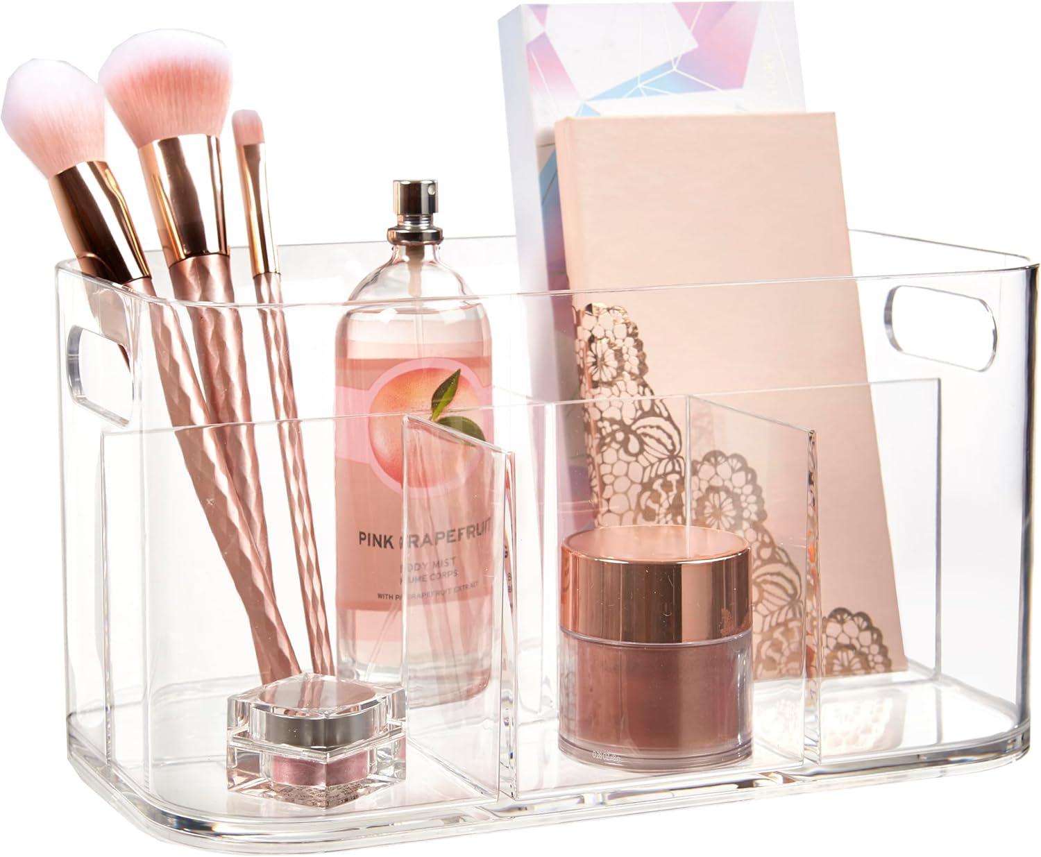 Clear 5-Compartment Plastic Makeup Organizer with Handles