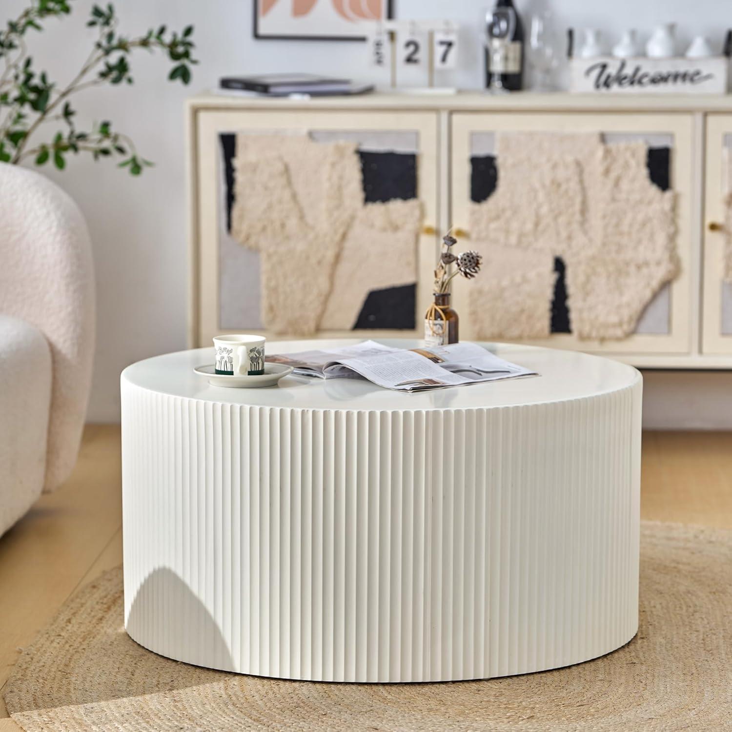 Nesting Coffee Table Set of 2, Vertical Stripe Design Drum Coffee Table, End Table, Round Side Table for Living Room, Bedroom, Beige