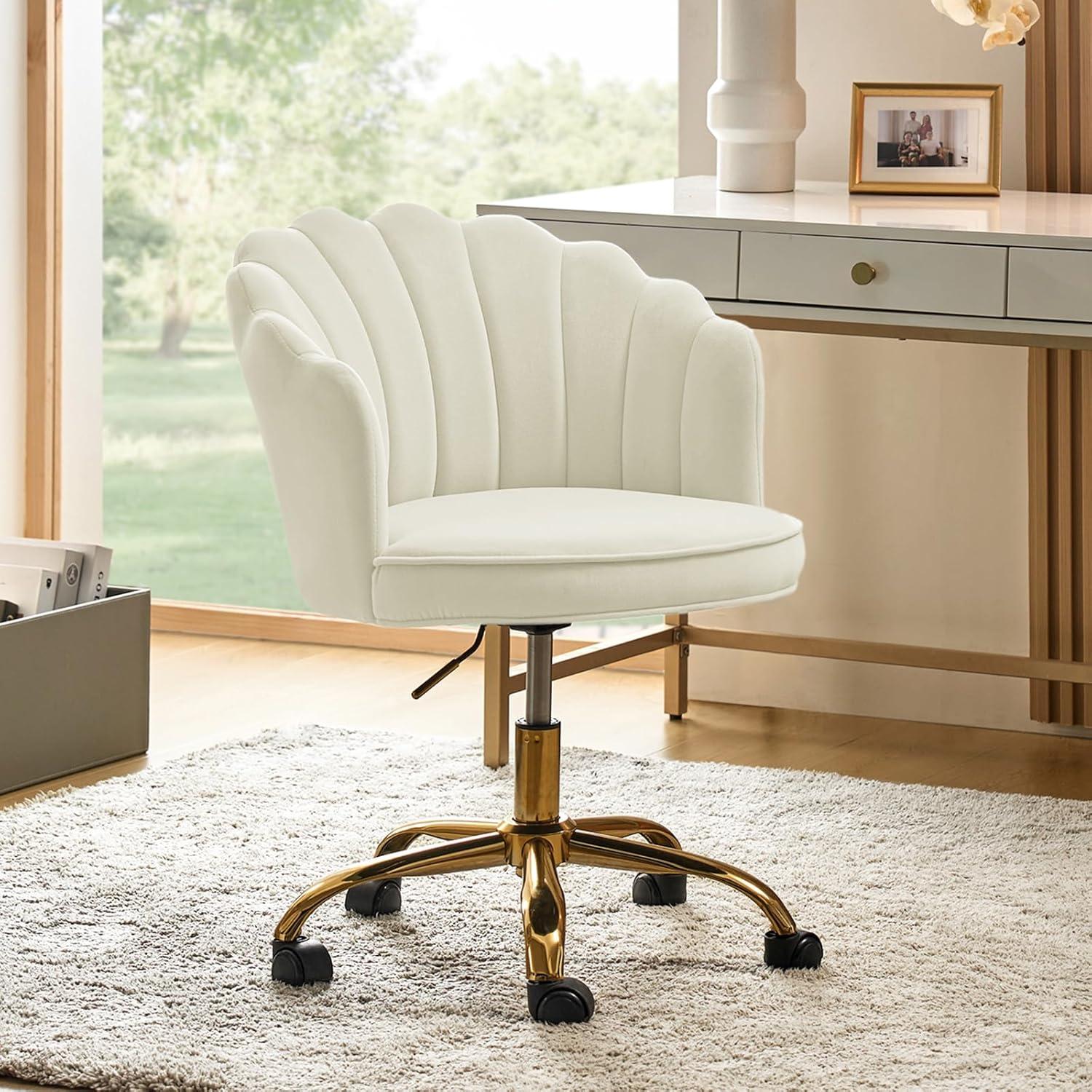 HULALA HOME Velvet Home Office Desk Chair with Gold Base, Adjustable Swivel Task Chair for Vanity, Women's Modern Cute Shell Back Upholstered Design, for Living Room, Ivory