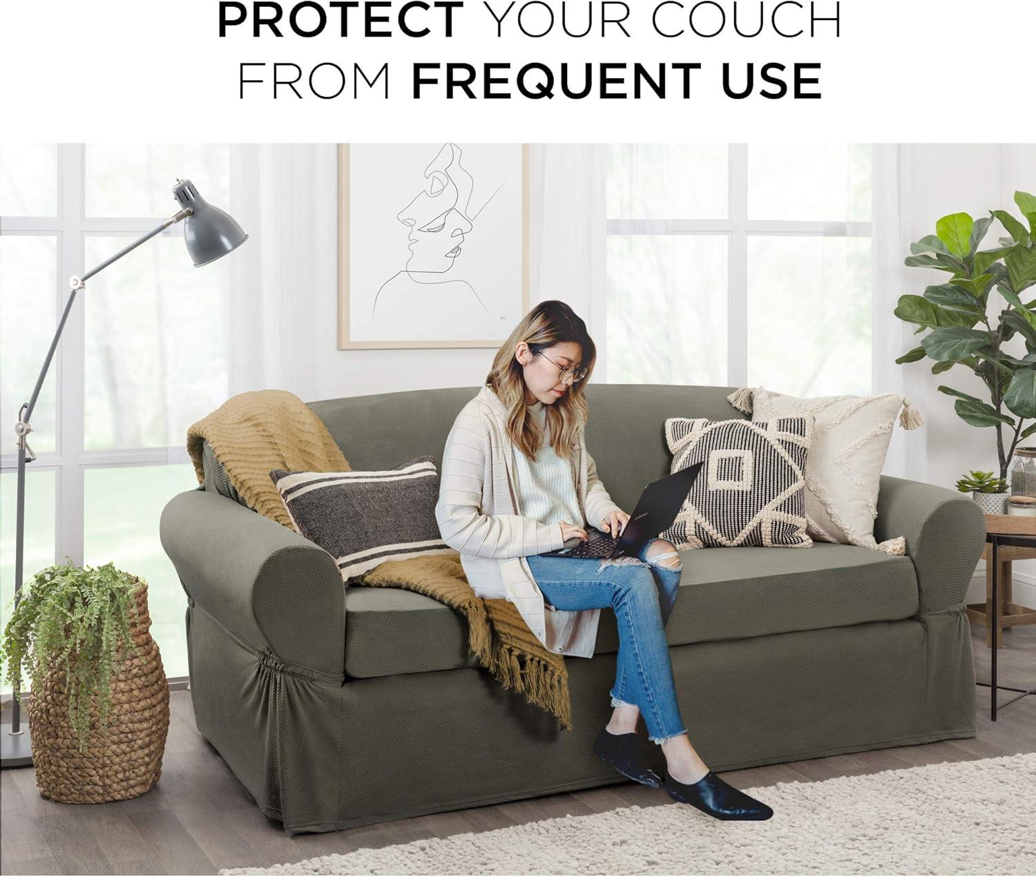 Zenna Home Pixel 2-Piece Stretch Sofa Furniture Slipcover, Dark Olive Green