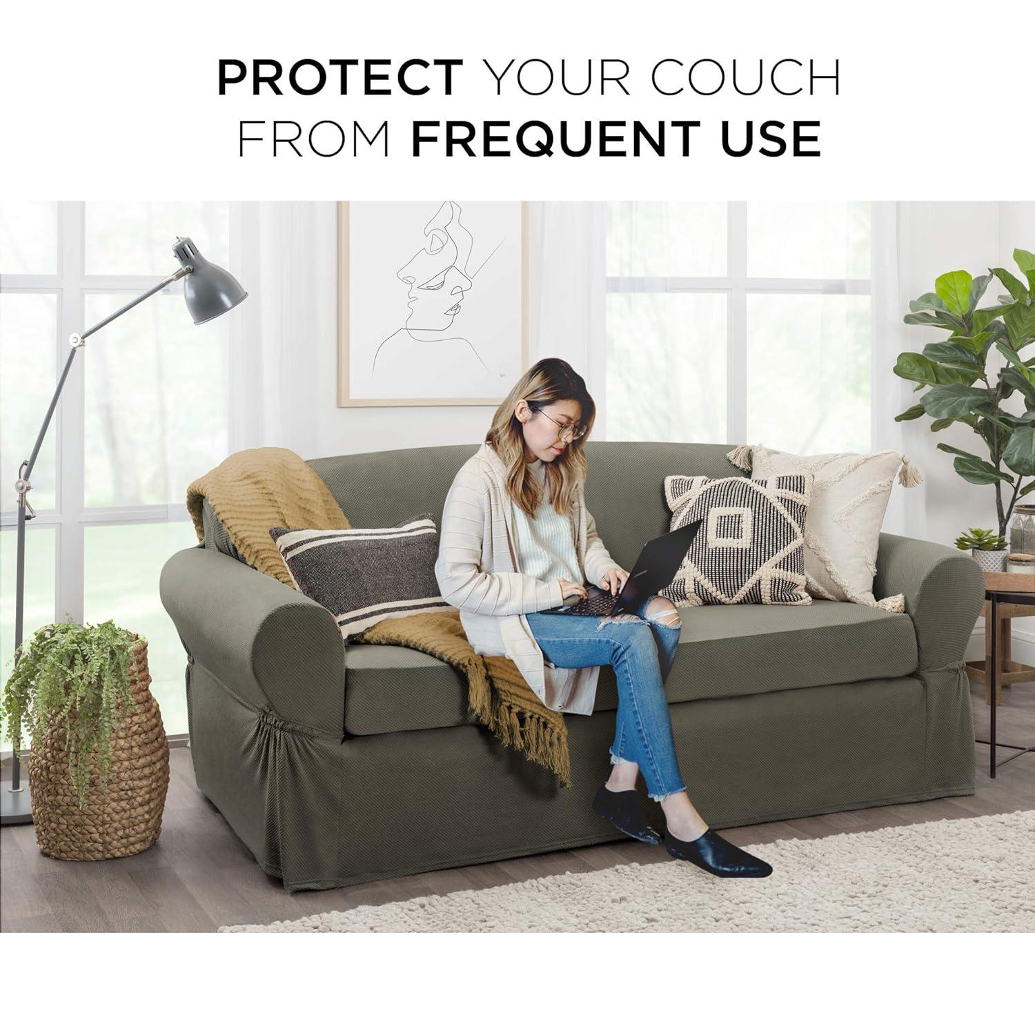 Zenna Home Pixel 2-Piece Stretch Sofa Furniture Slipcover, Dark Olive Green