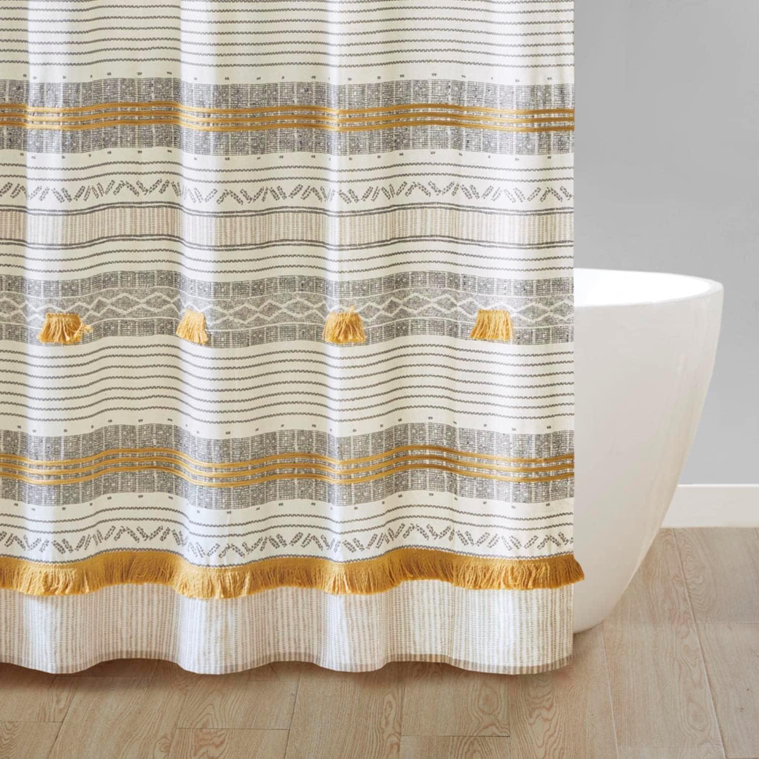 INK+IVY Cody Cotton Stripe Printed Shower Curtain with Tassel in Gray/Yellow