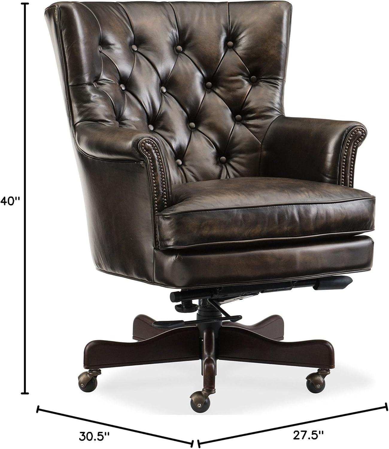 Traditional Brown Leather Swivel Executive Chair with Wood Base