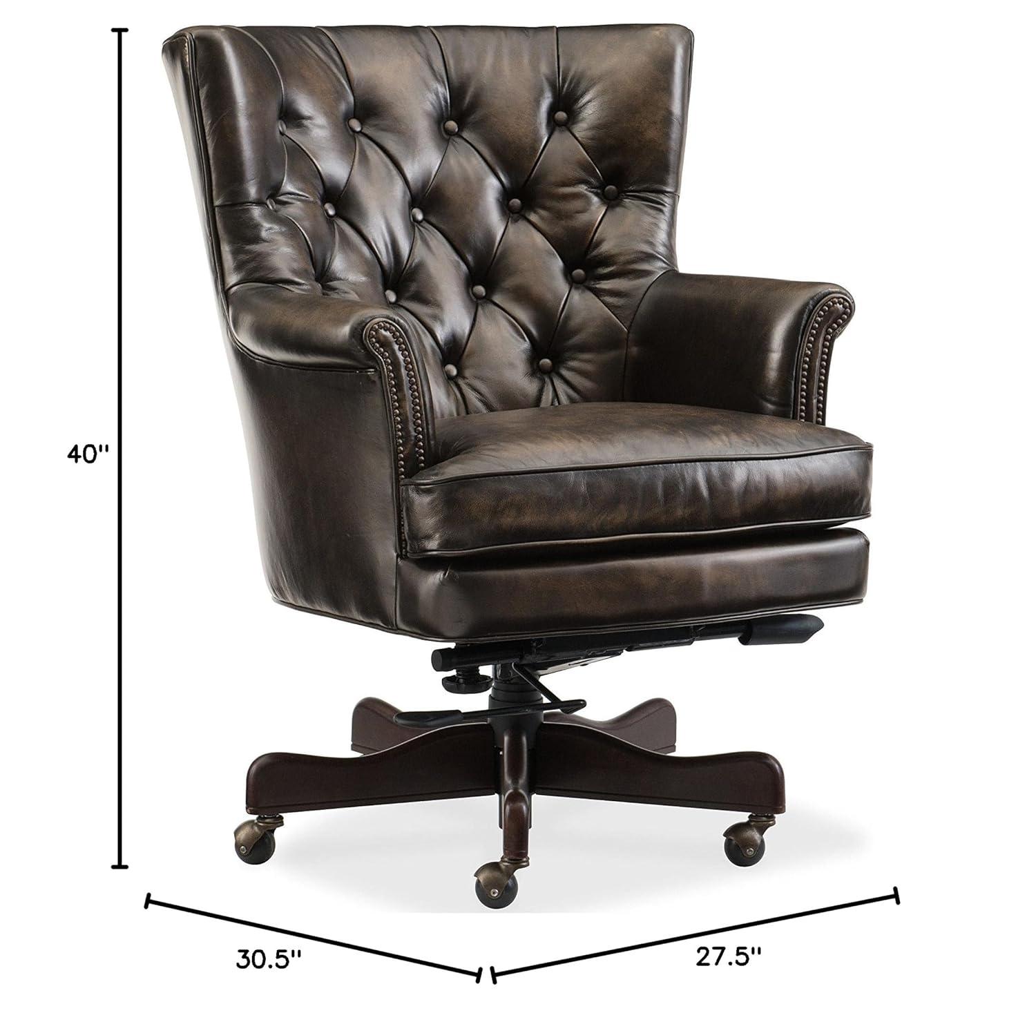 Traditional Brown Leather Swivel Executive Chair with Wood Base
