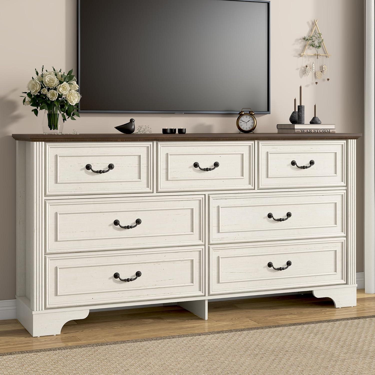 Charlton Home® 59" Farmhouse Dresser With 7 Spacious Drawers – Rustic Wooden Storage Cabinet For Bedroom, Living Room, Or Entryway