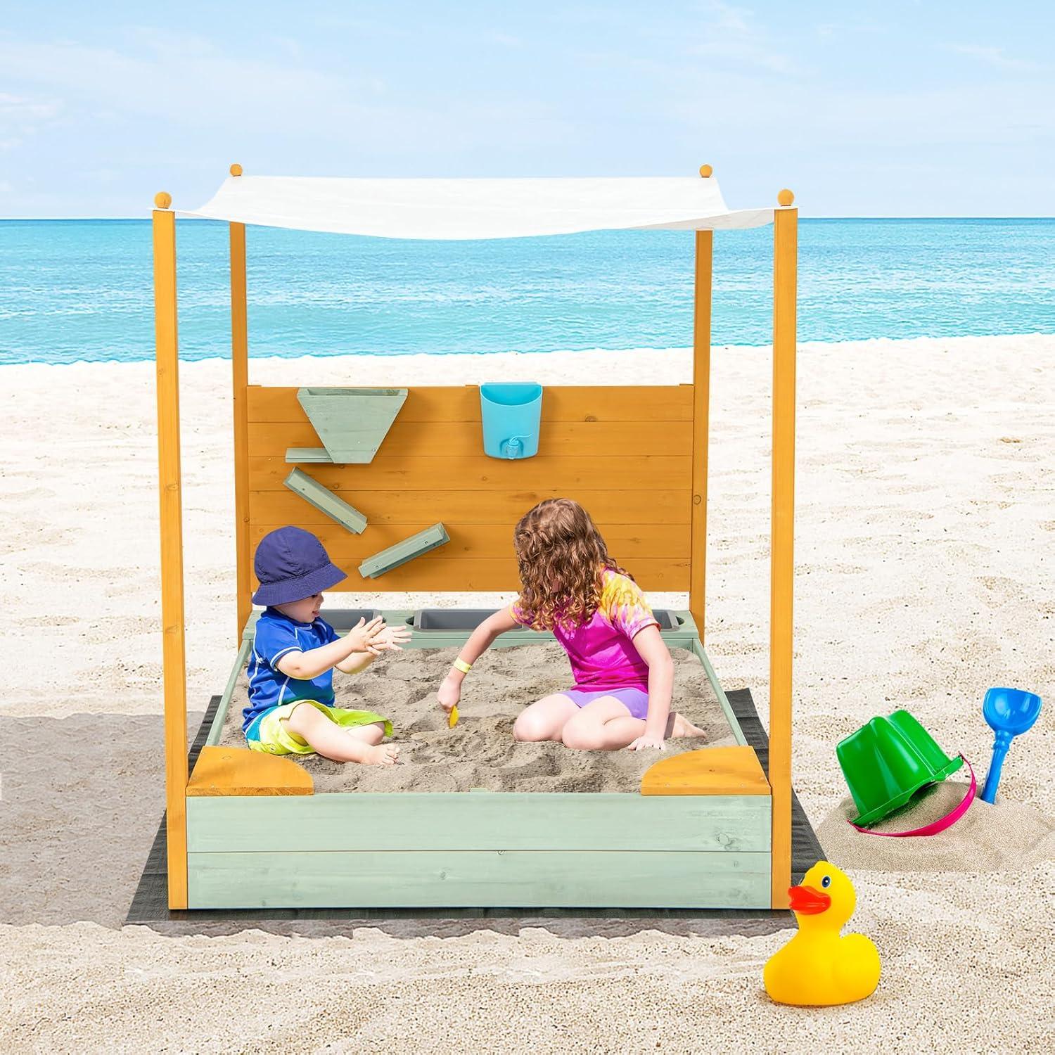 CIPACHO Kids Sandbox with Sand Wall w/ Removable Canopy for Kids 3-8, Kids Wooden Sandbox with Cover for Backyard Garden, Kids Outdoor Play Equipment