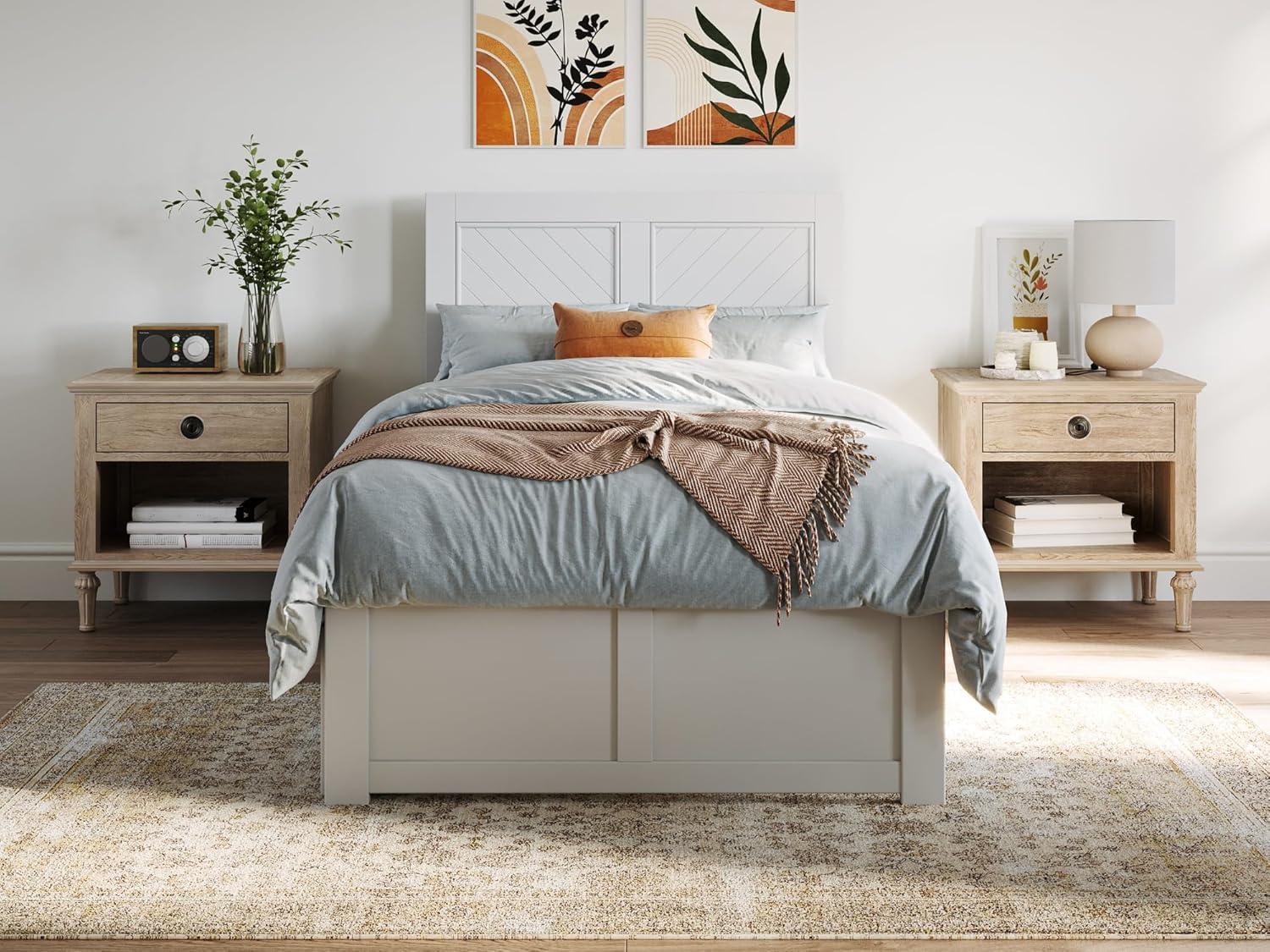 White Twin XL Wood Platform Bed with Chevron Headboard and Storage Drawers