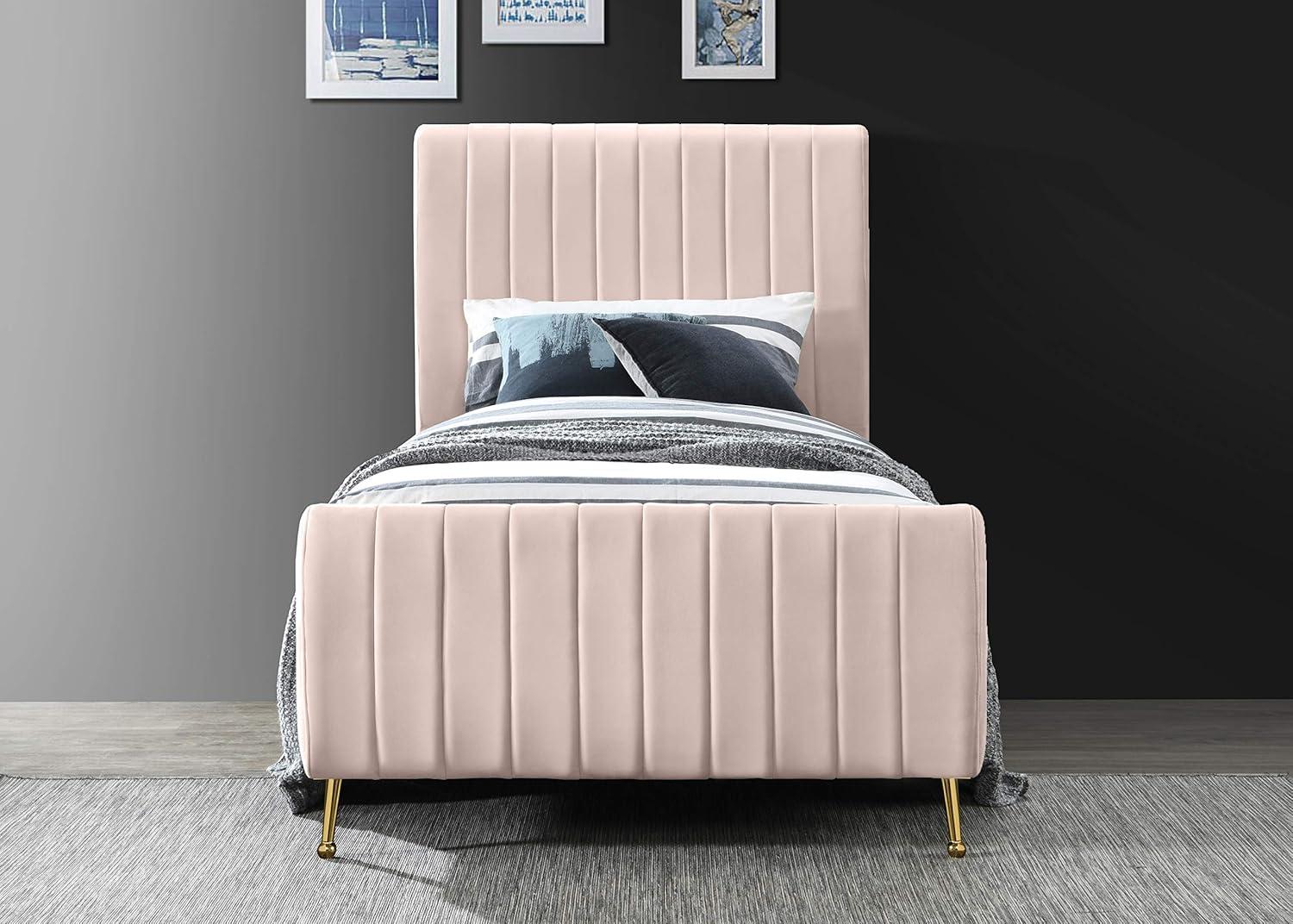 Meridian Furniture Zara Contemporary Queen Bed with Gold Legs and Slats, Pink Velvet