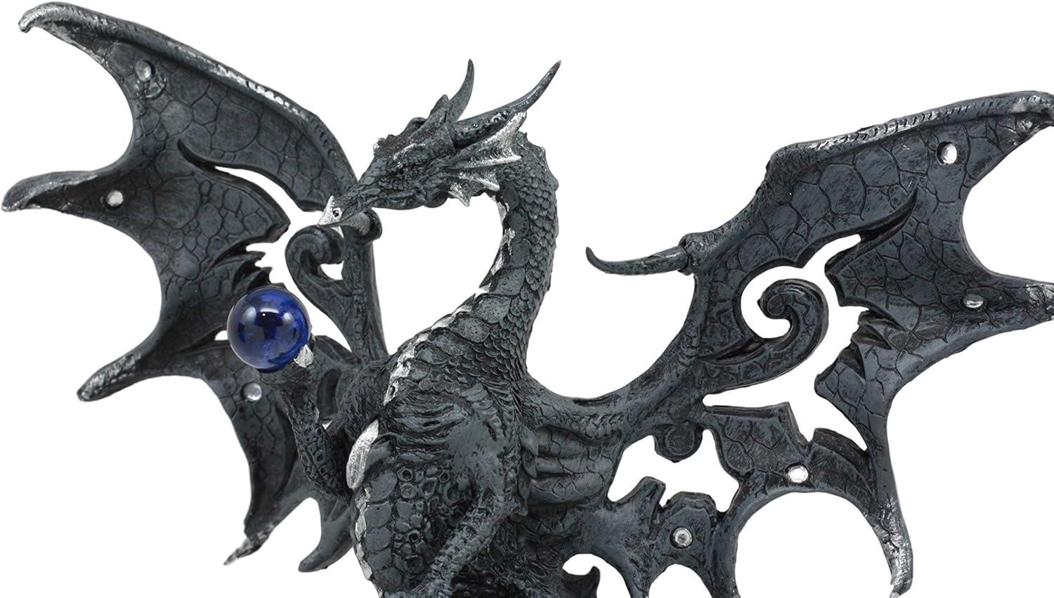 Gothic Black Resin Dragon Statue with Blue Orb