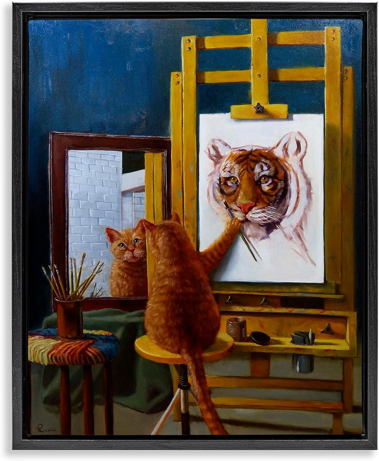 Cat Painting a Tiger on Canvas with Black Frame