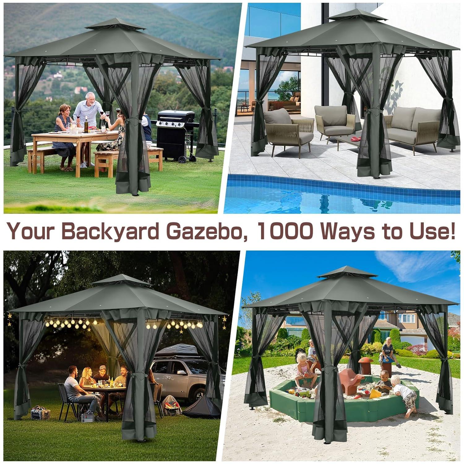 HOTEEL 10x20 Gazebo on Clearance, Outdoor Gazebo Tent with Mosquito Netting and Ventilated Double Flat Roof, Easy Set up Canopy Tent with Stable Metal Frame for Patio, Khaki (Upgraded 2.0)